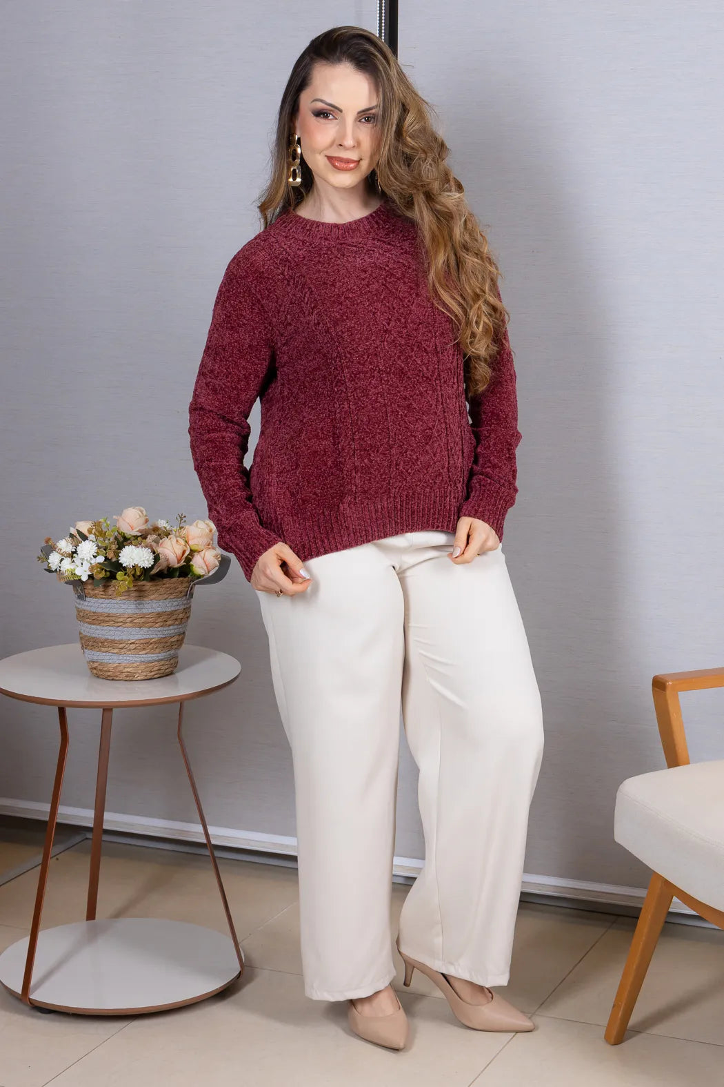 Blusa Manga Longa em Tricot Mousse Valentina Marsala