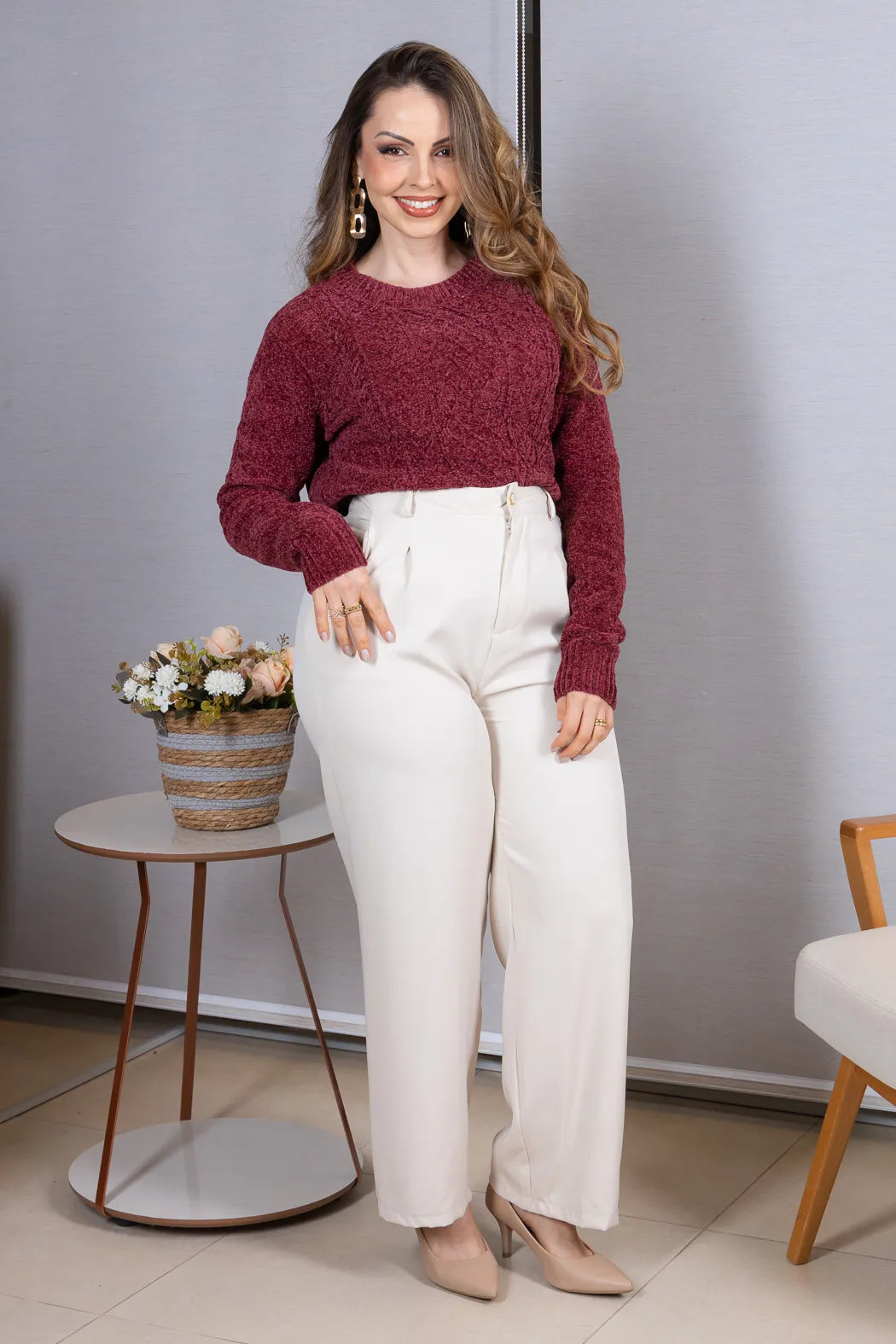 Blusa Manga Longa em Tricot Mousse Valentina Marsala