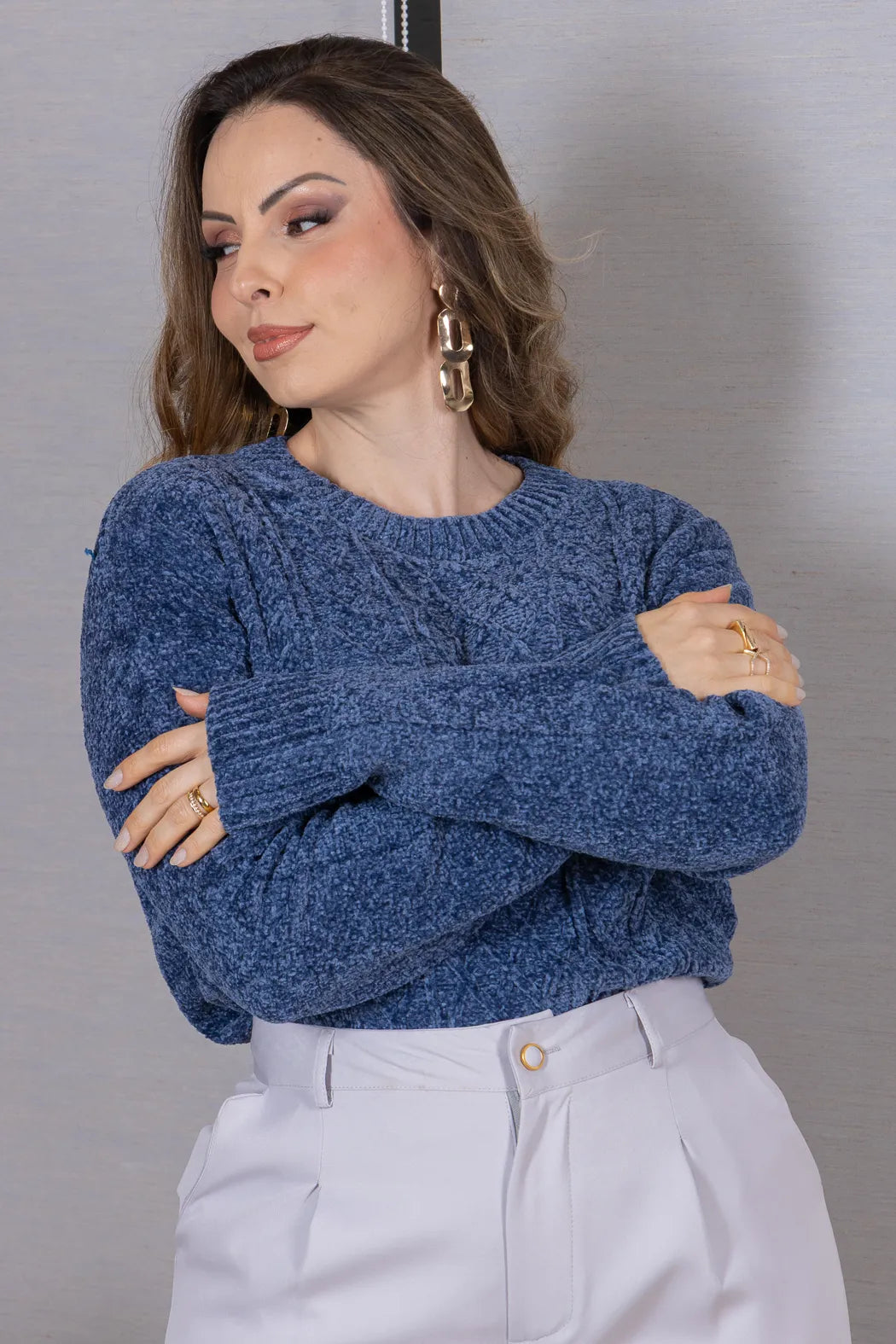 Blusa Manga Longa em Tricot Mousse Valentina Azul