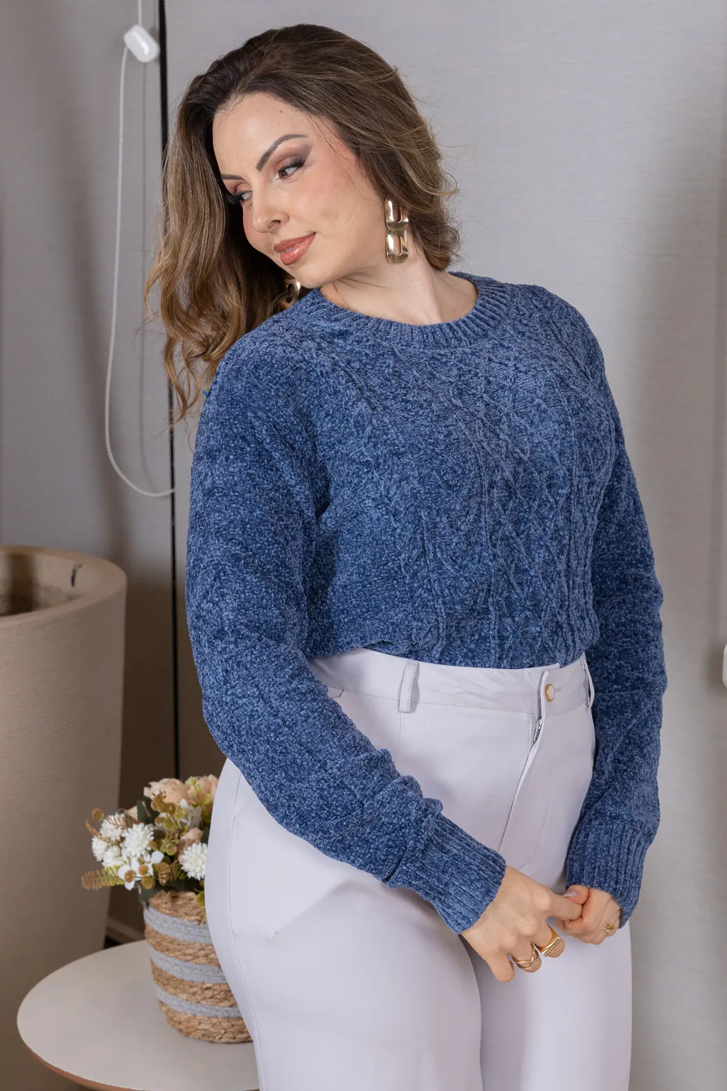 Blusa Manga Longa em Tricot Mousse Valentina Azul