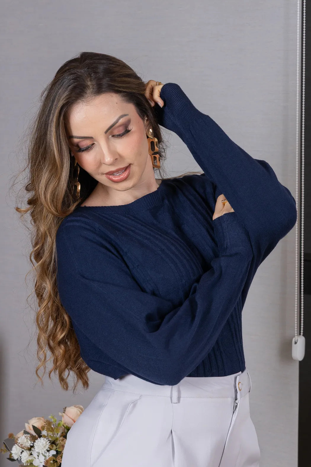 Tricot Manga Longa Ampla em Modal Jessica Azul Marinho