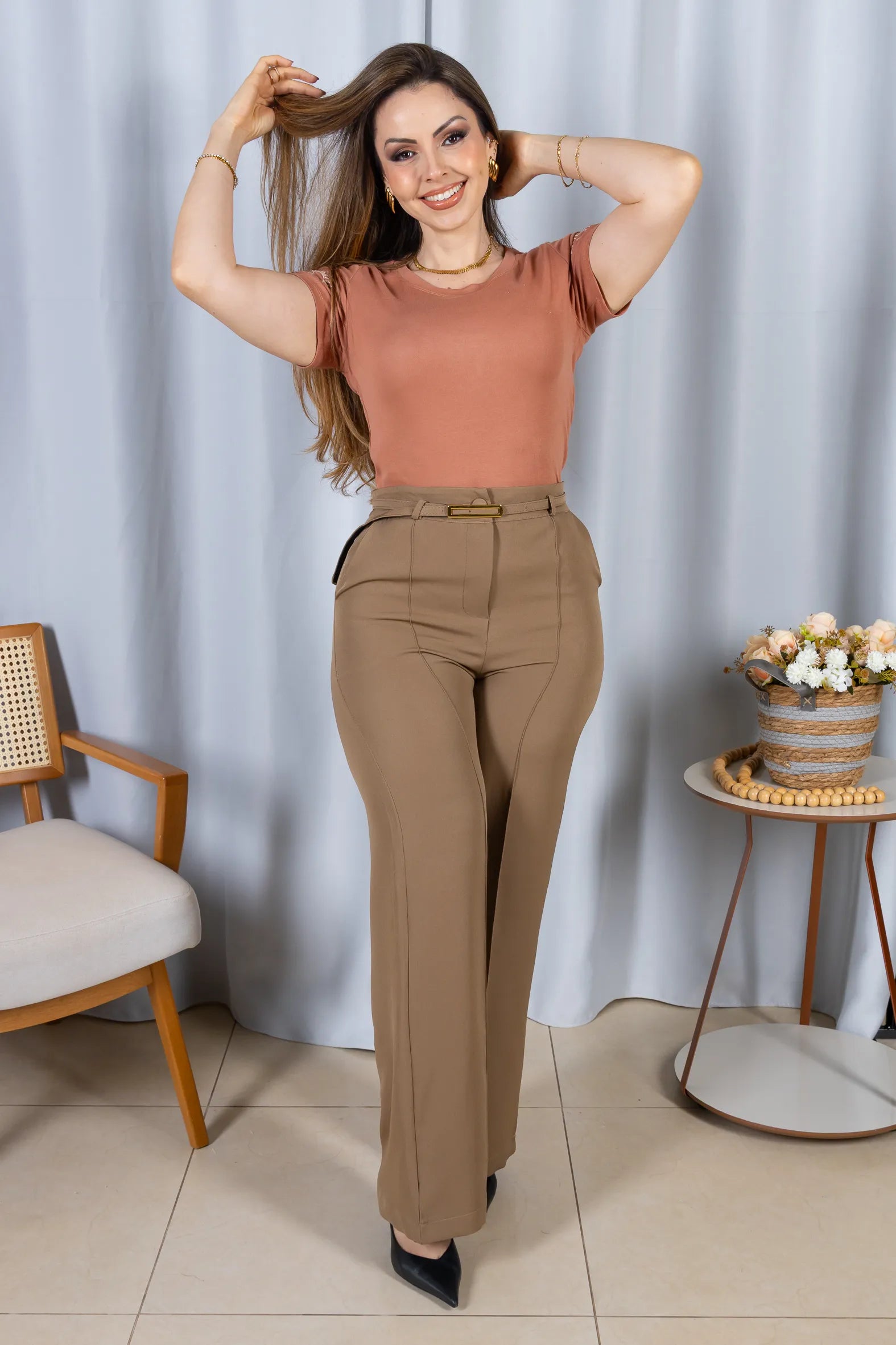 Blusa Manga Curta com Detalhes Bordados Cotton Lycra Milena Rosê
