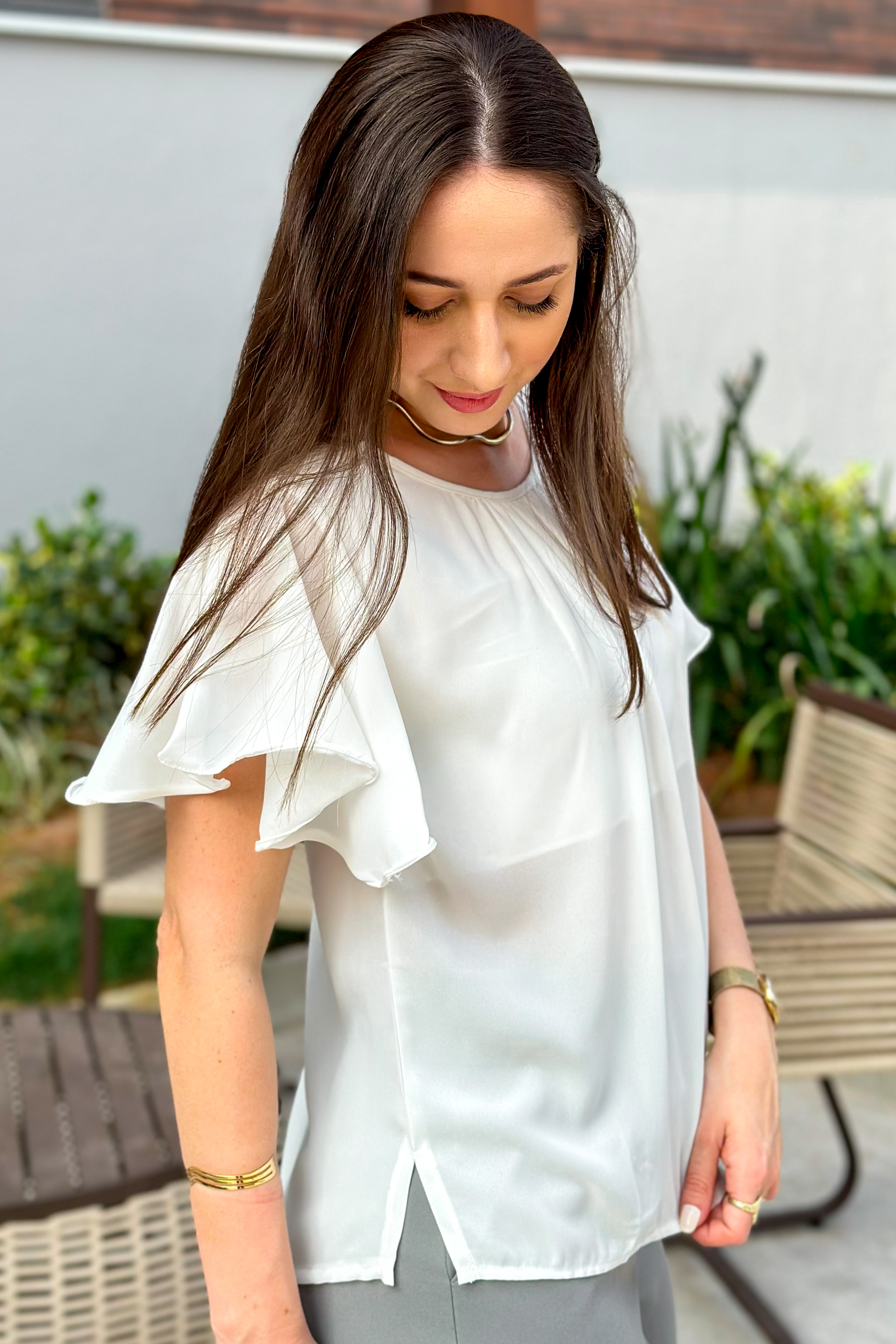 Blusa Manga Flutuante Pregas Colo Alessandra Branca