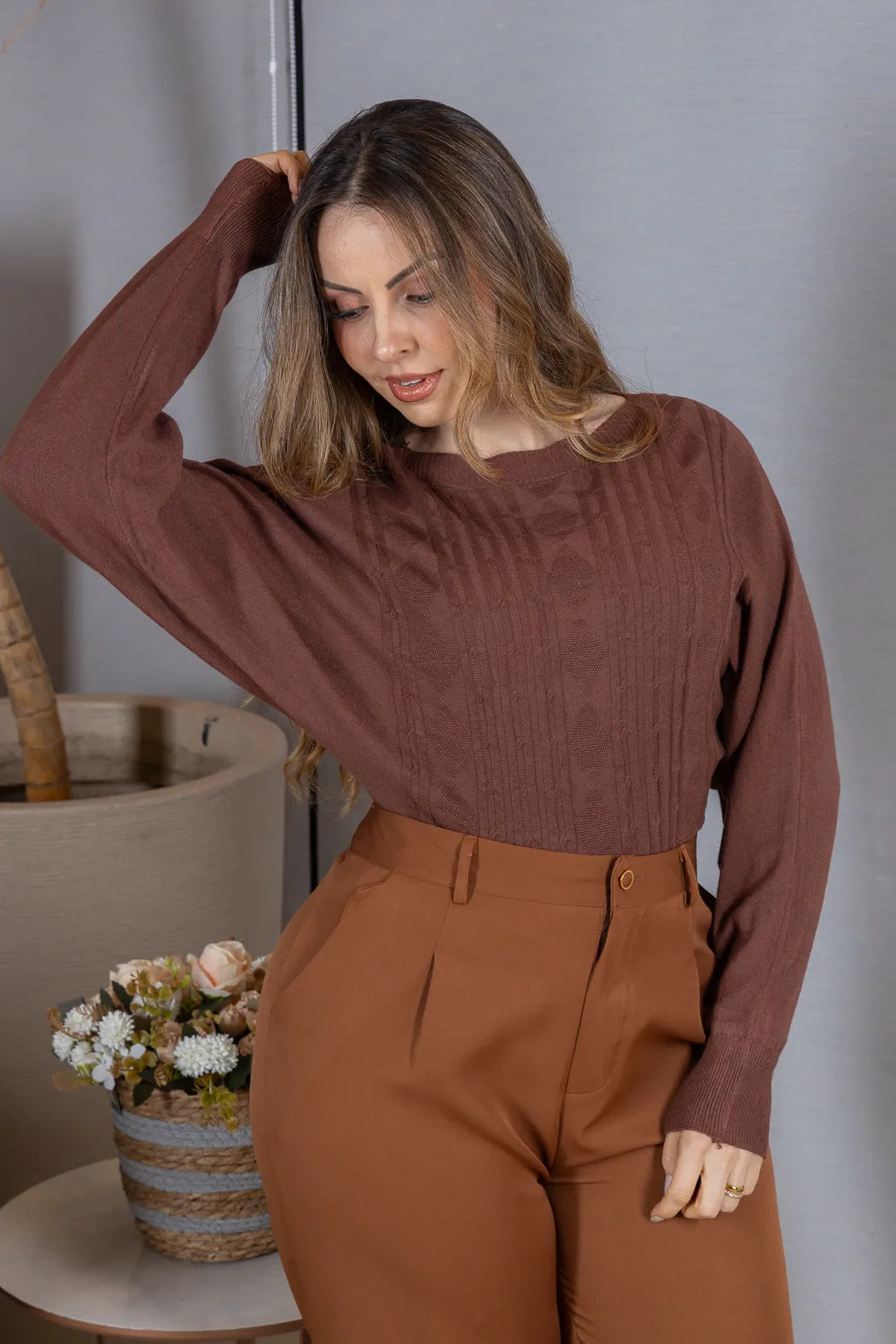 Tricot Manga Longa Ampla em Modal Jessica Marrom