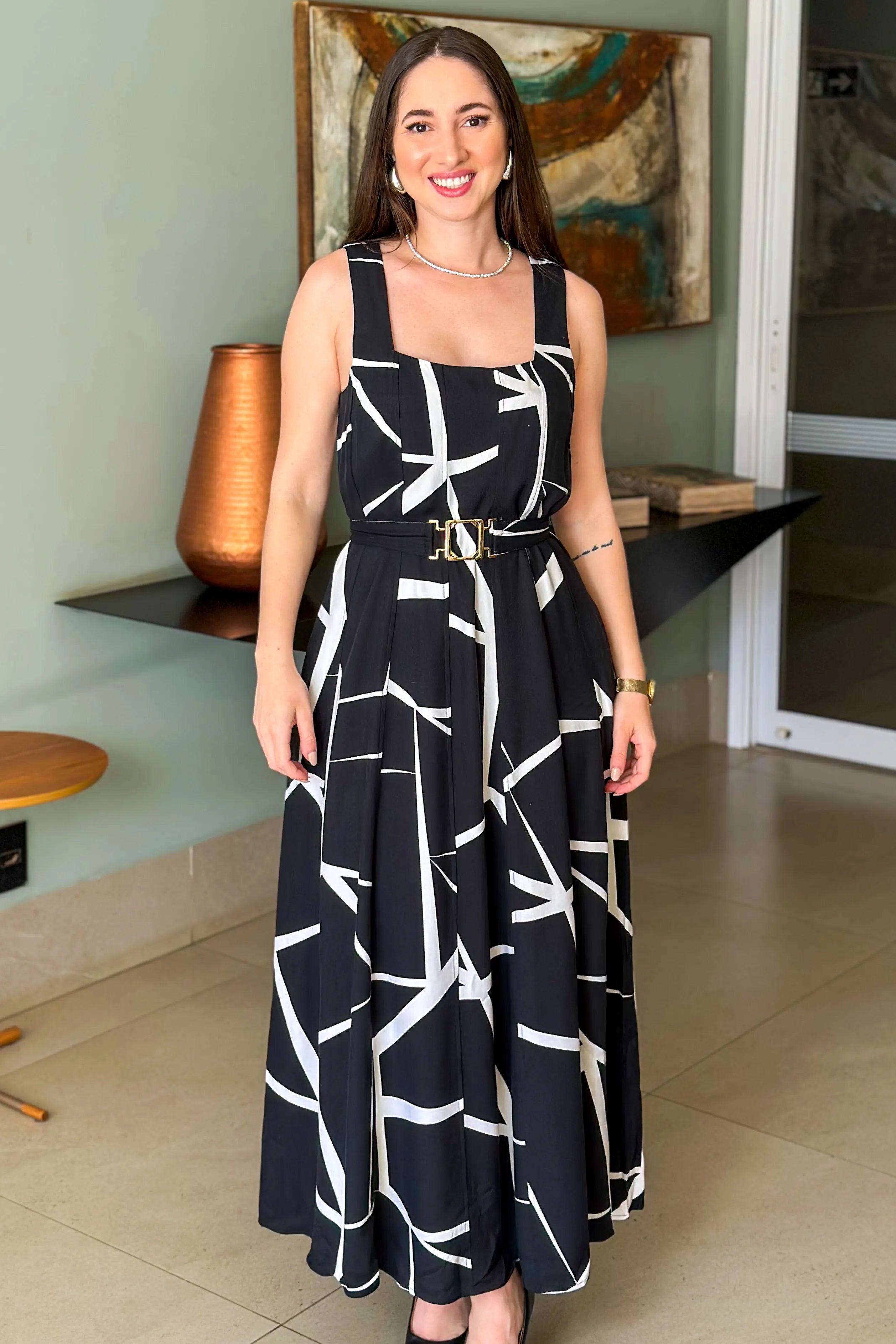 Vestido Midi Detalhe Cinto Claudia Estampado Preto