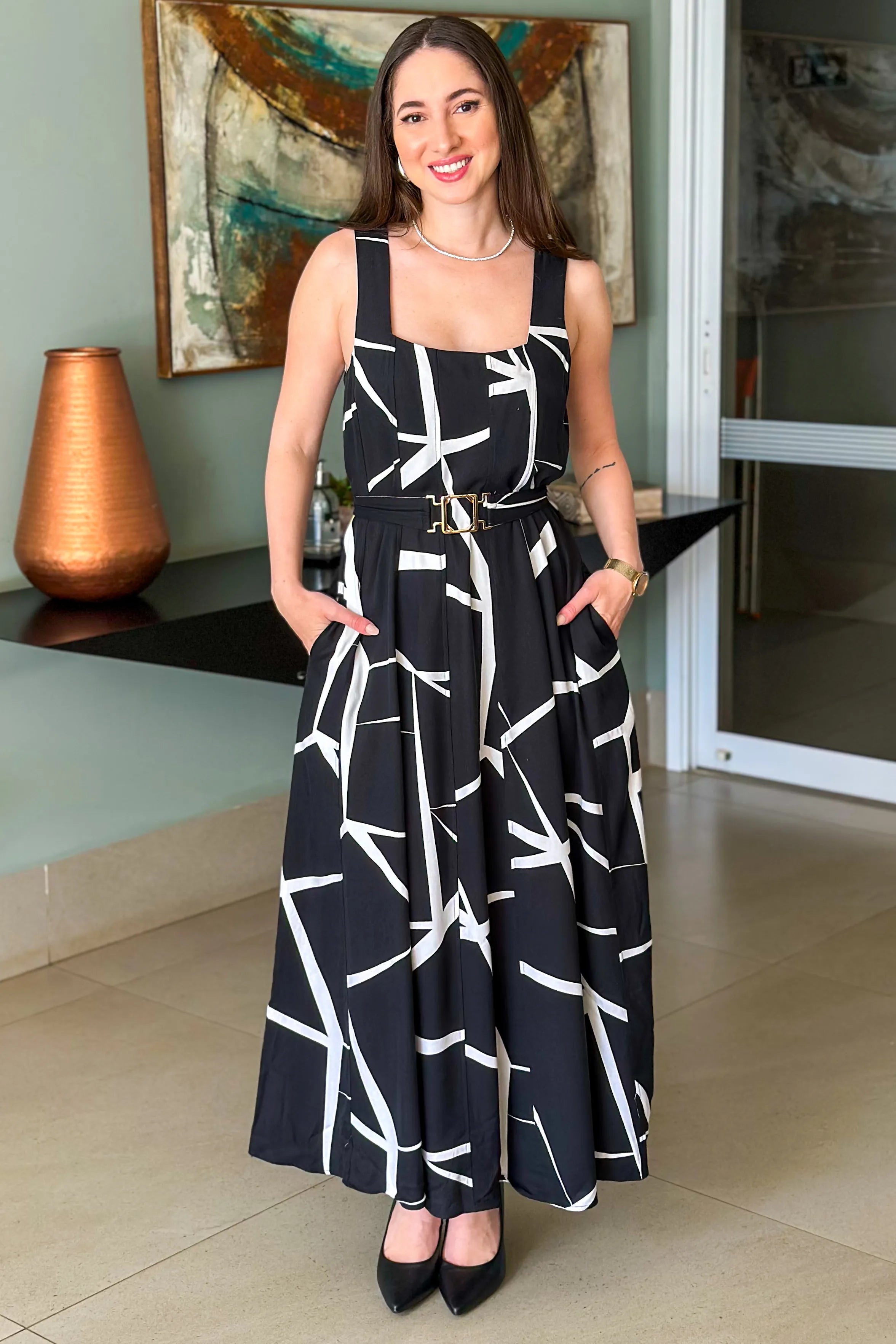 Vestido Midi Detalhe Cinto Claudia Estampado Preto