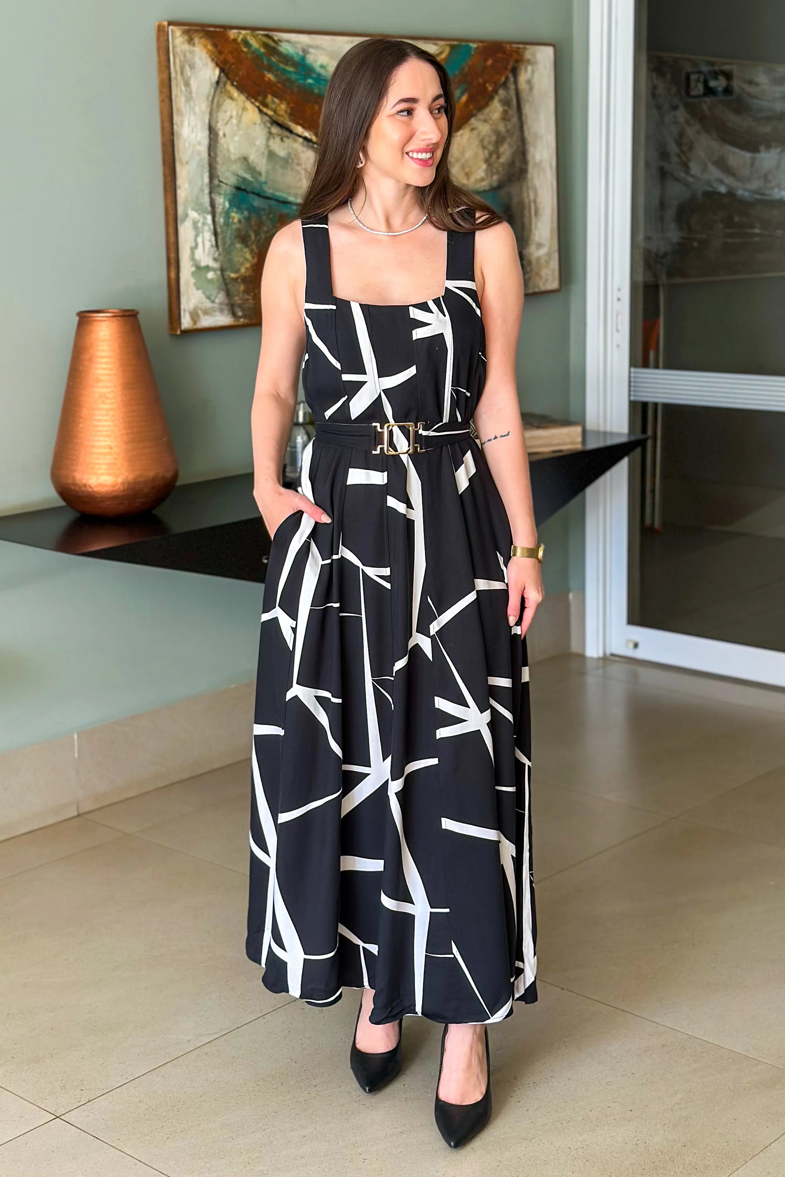 Vestido Midi Detalhe Cinto Claudia Estampado Preto