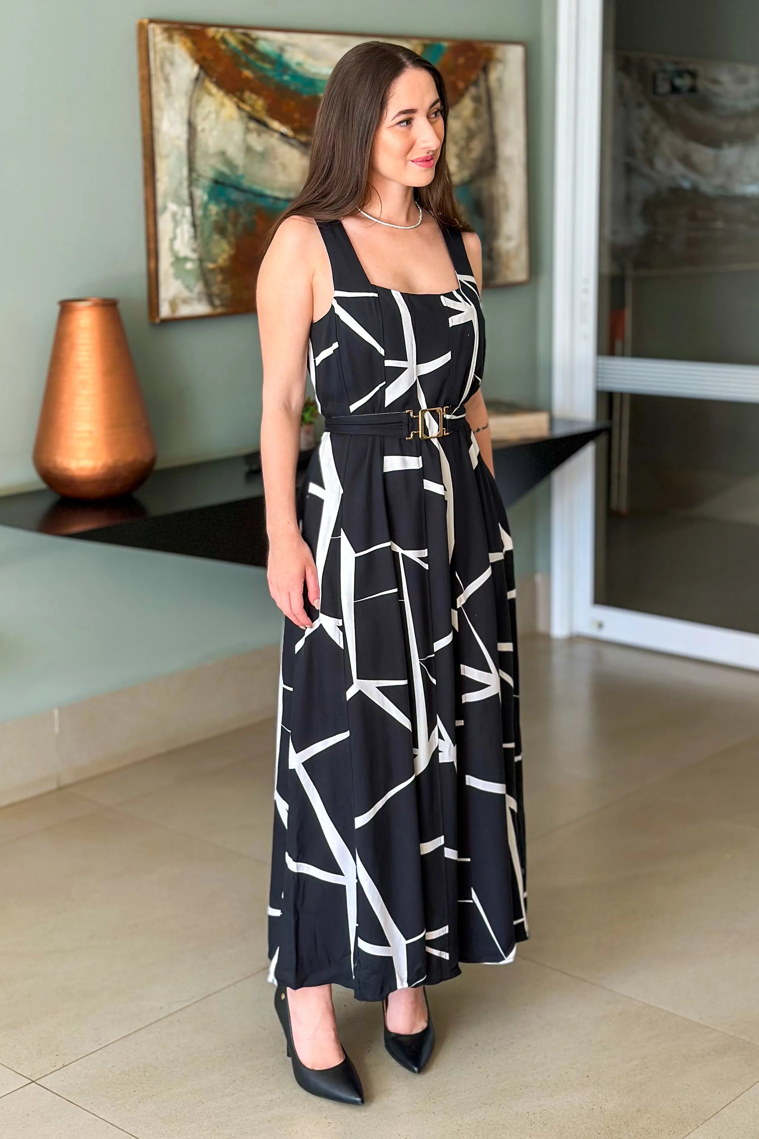 Vestido Midi Detalhe Cinto Claudia Estampado Preto