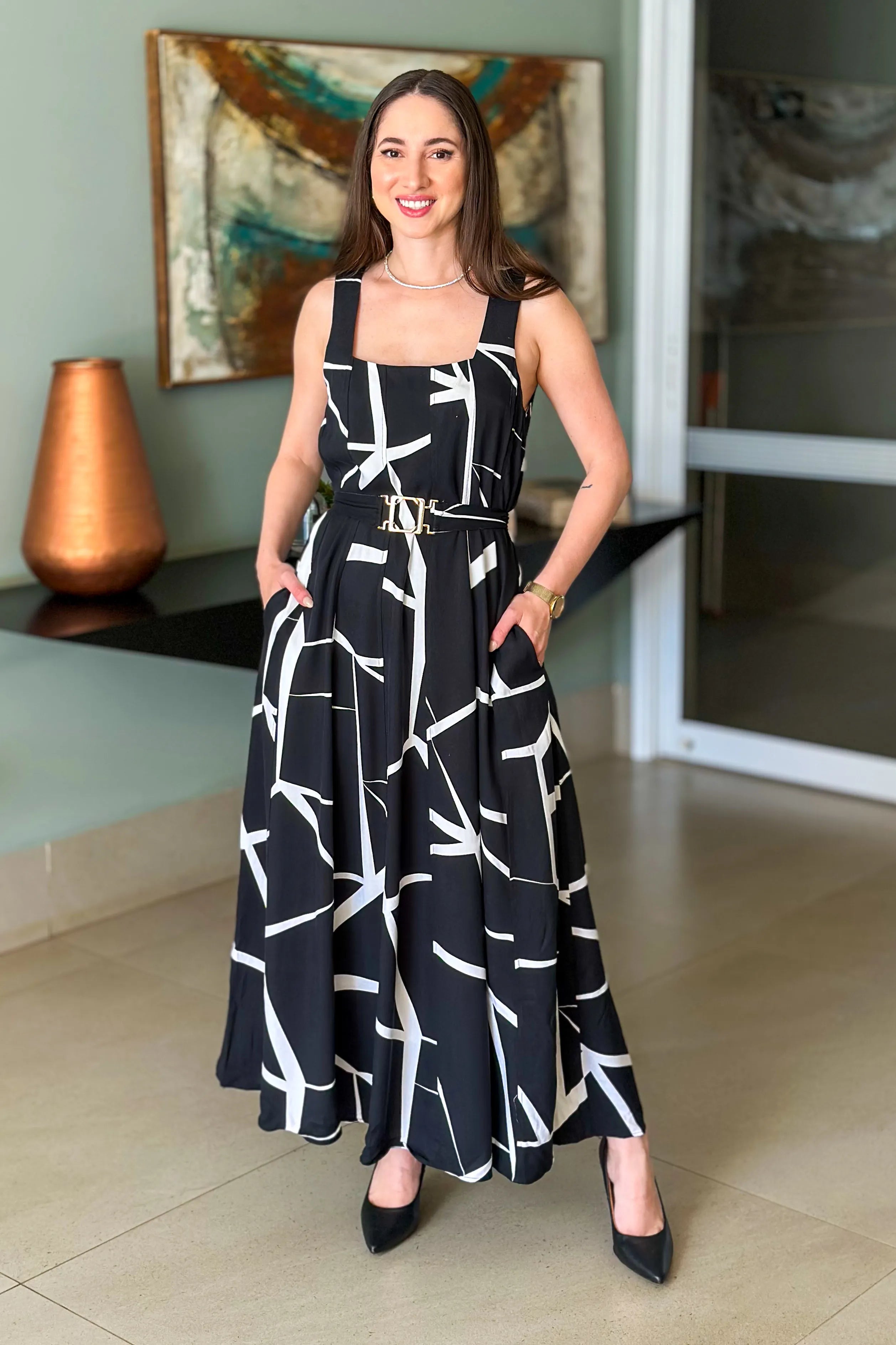Vestido Midi Detalhe Cinto Claudia Estampado Preto