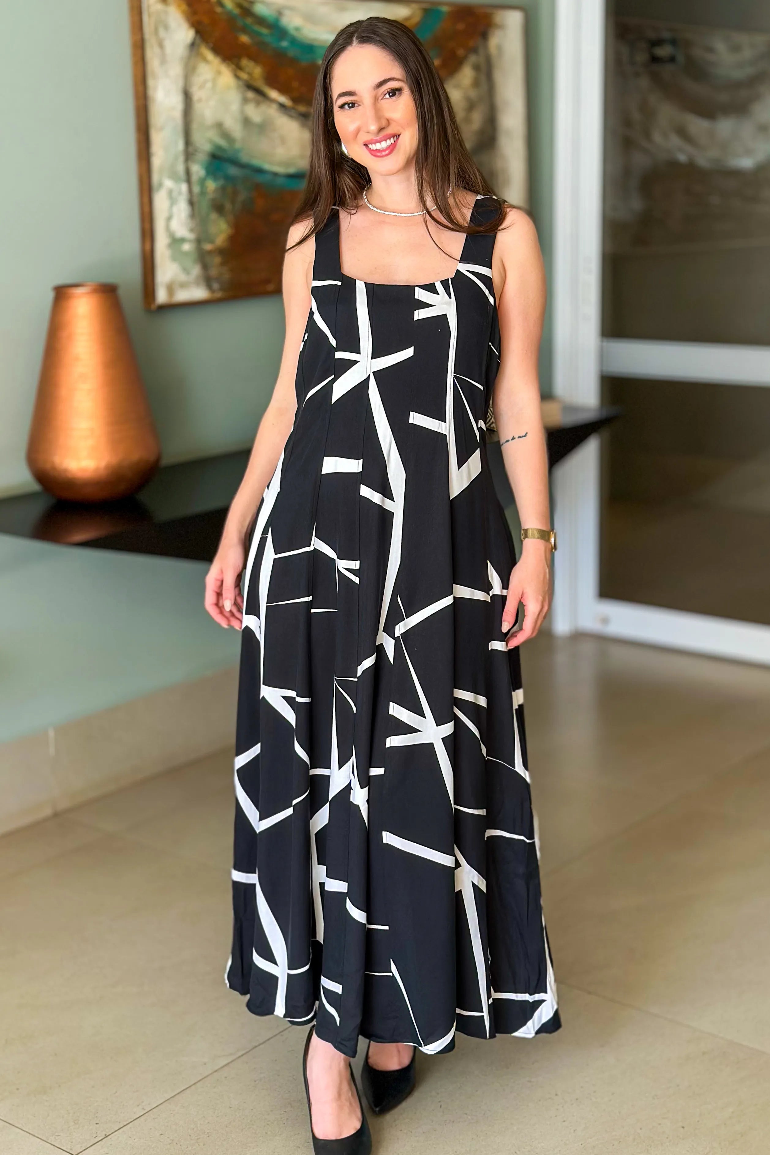 Vestido Midi Detalhe Cinto Claudia Estampado Preto