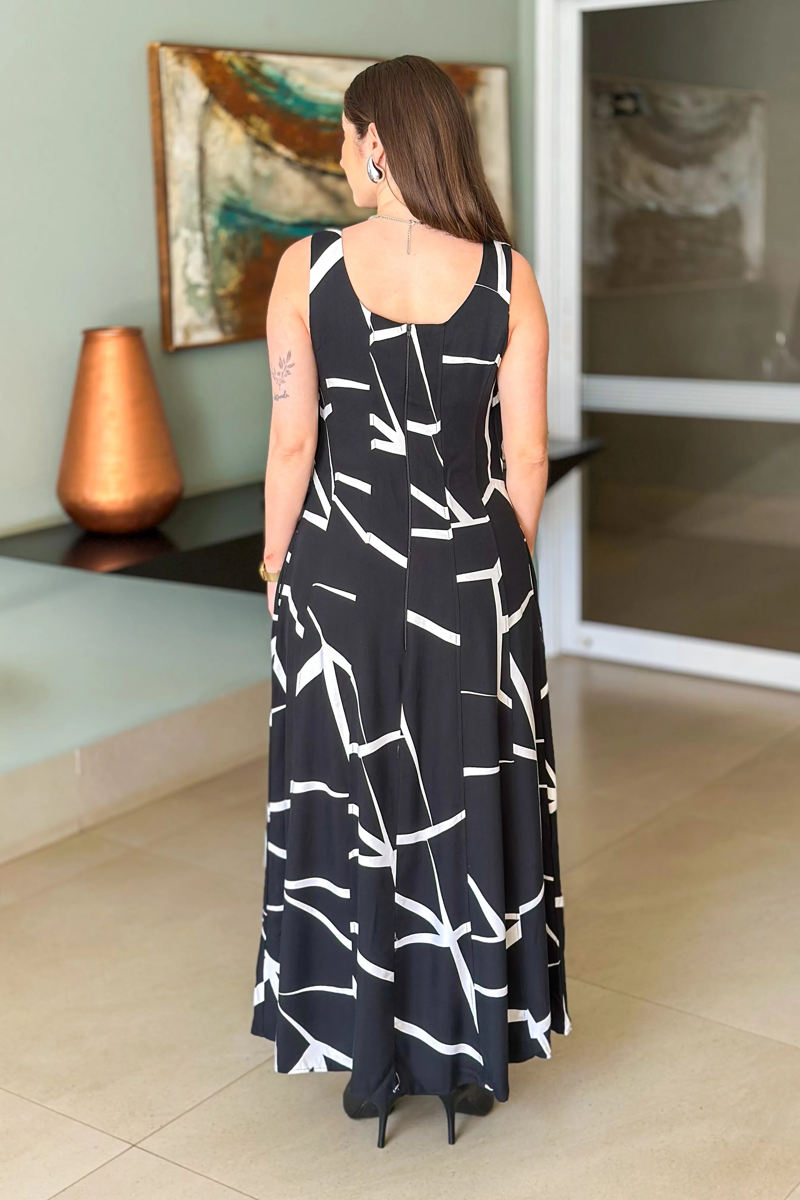 Vestido Midi Detalhe Cinto Claudia Estampado Preto