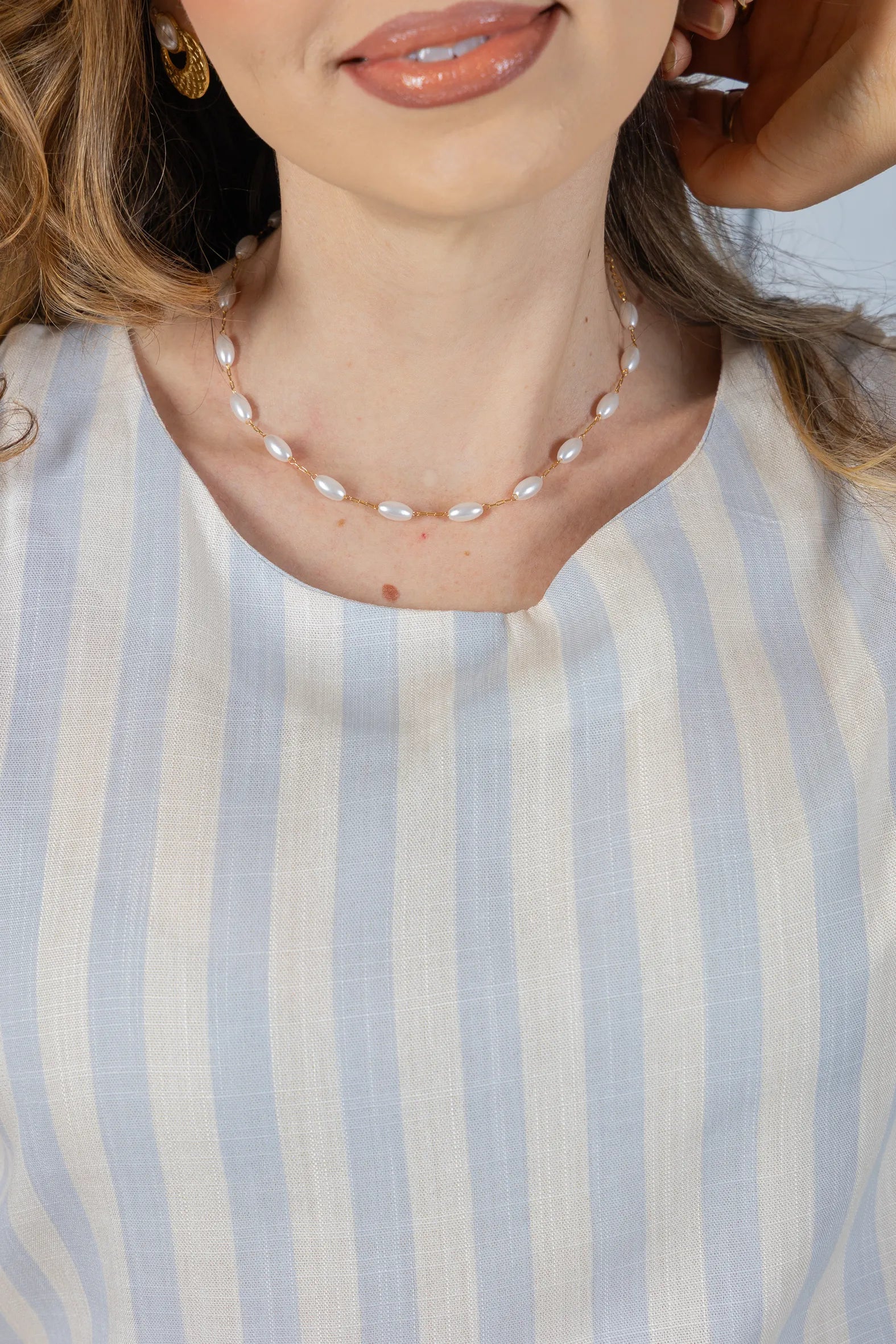 Blusa Manga Curta em Visco Rustic com Estampa Listrada Sofia Azul