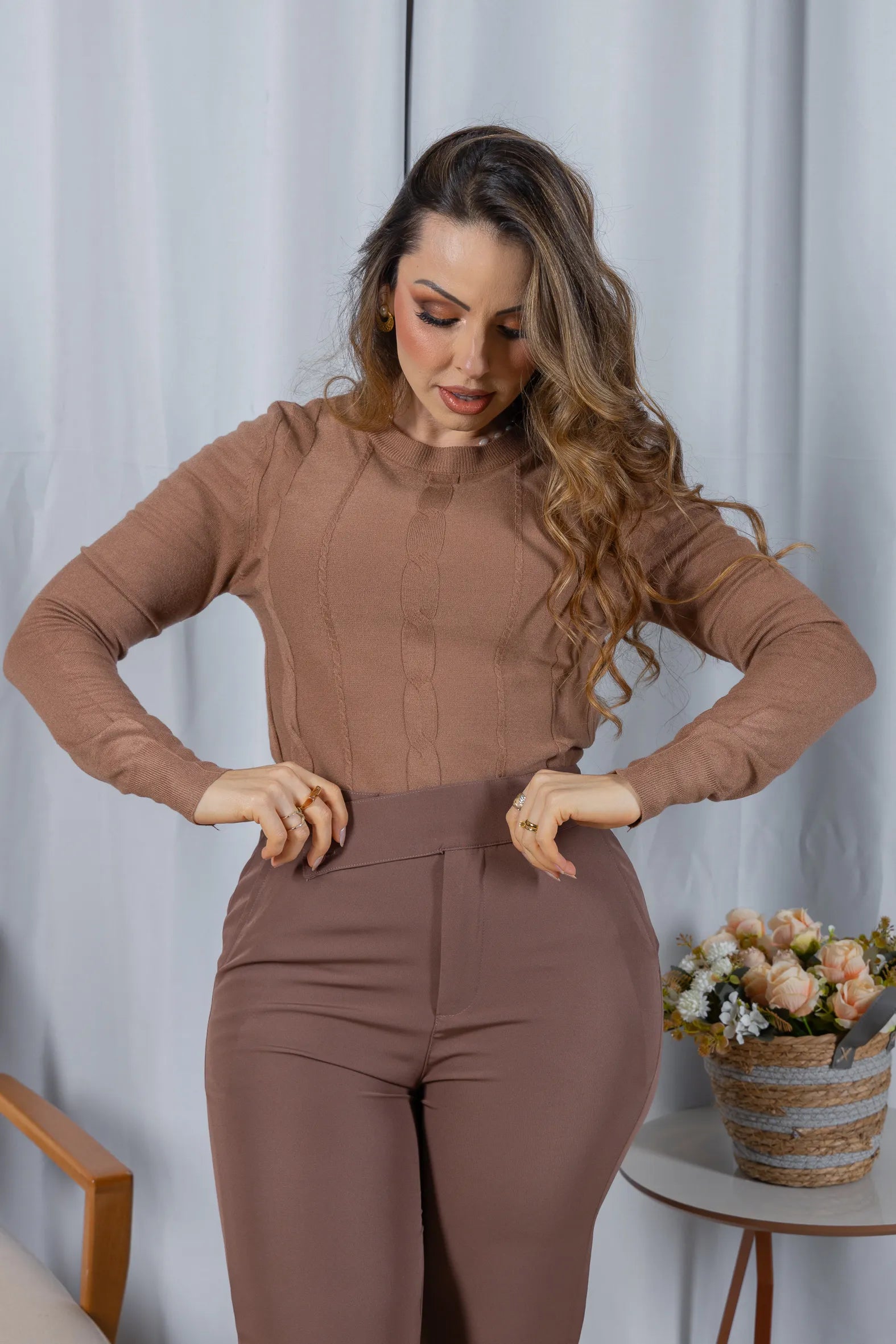 Tricot Manga Longa em Modal Violeta Marrom Claro
