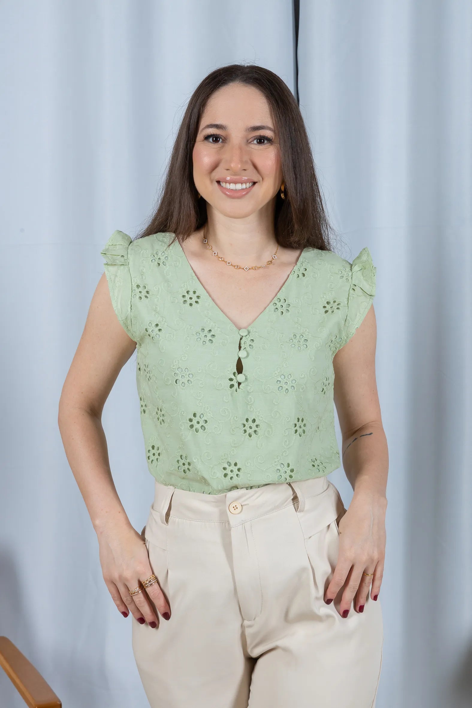 Regata Babados Detalhe Botão Em Cotton Laise Estela Verde