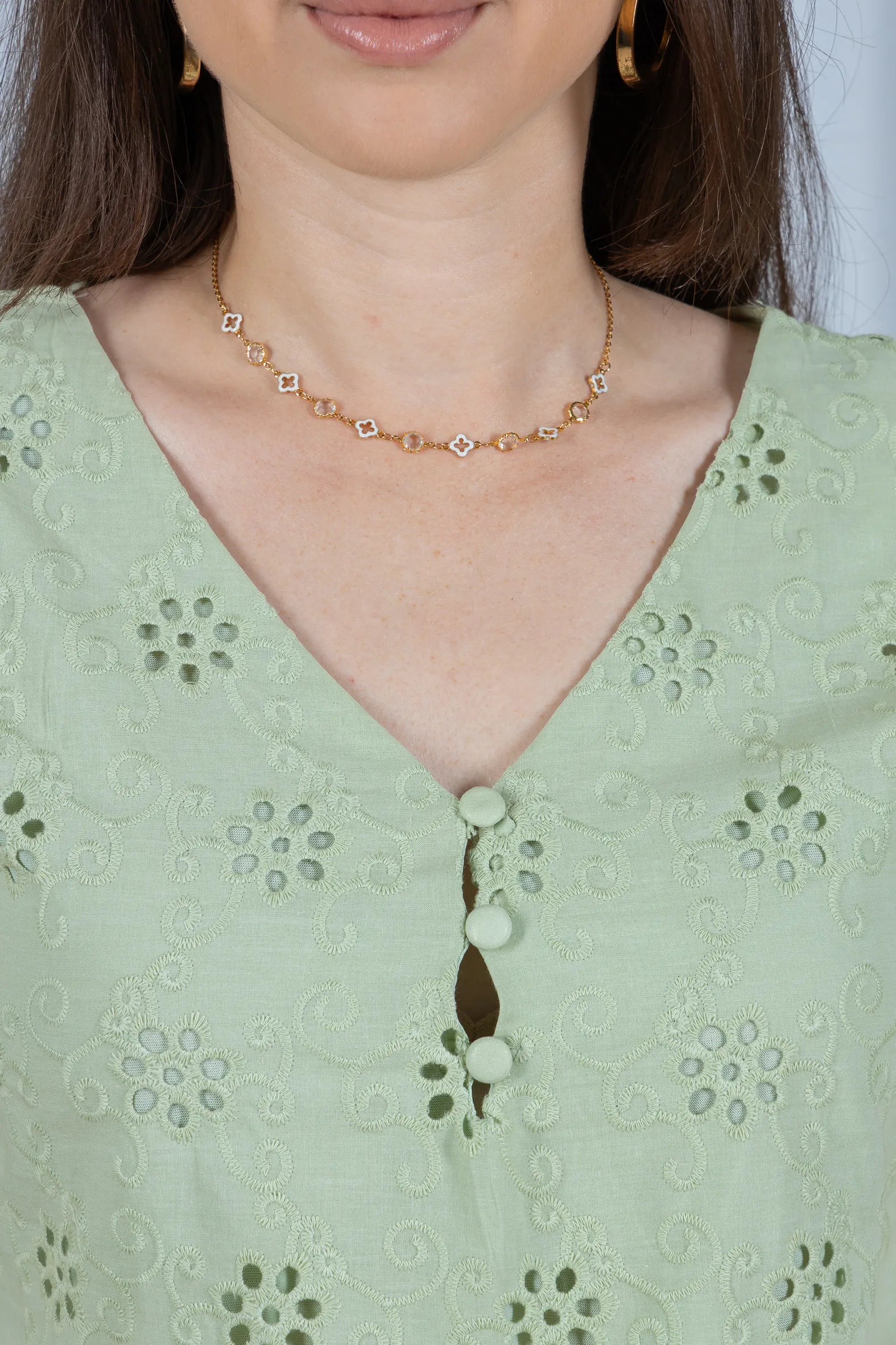 Regata Babados Detalhe Botão Em Cotton Laise Estela Verde