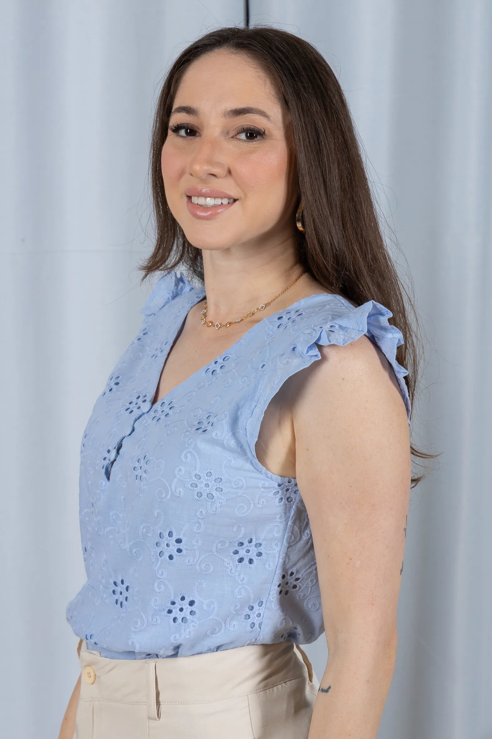 Regata Babados Detalhe Botão Em Cotton Laise Estela Azul