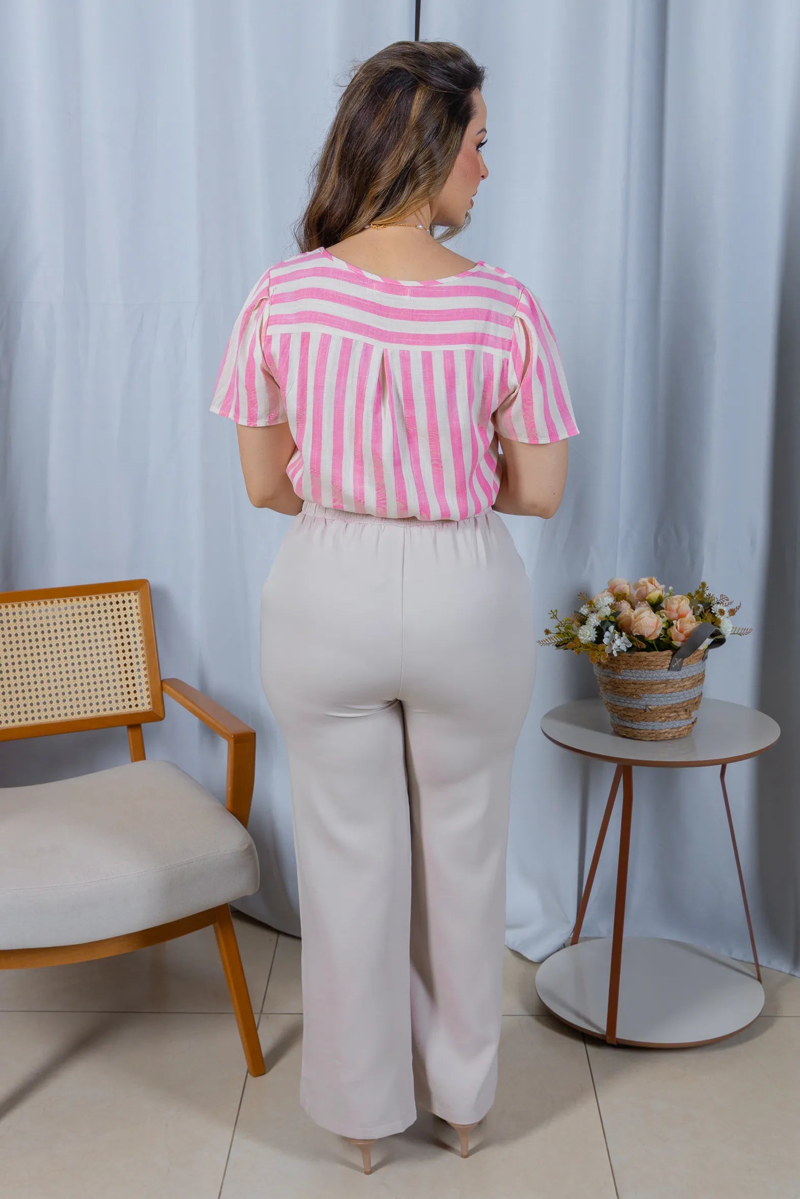 Blusa Manga Curta em Visco Rustic com Estampa Listrada Sofia Rosa