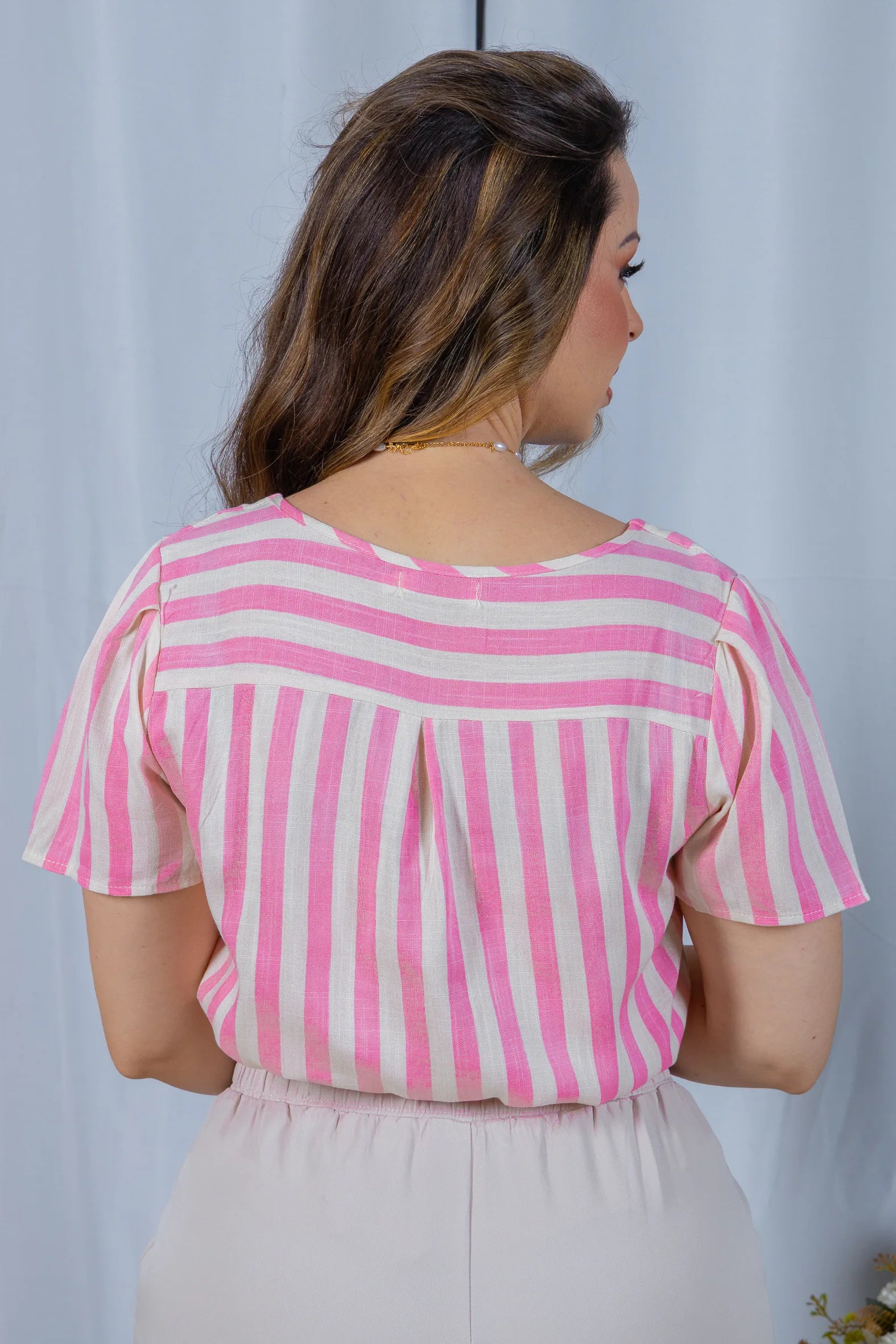Blusa Manga Curta em Visco Rustic com Estampa Listrada Sofia Rosa
