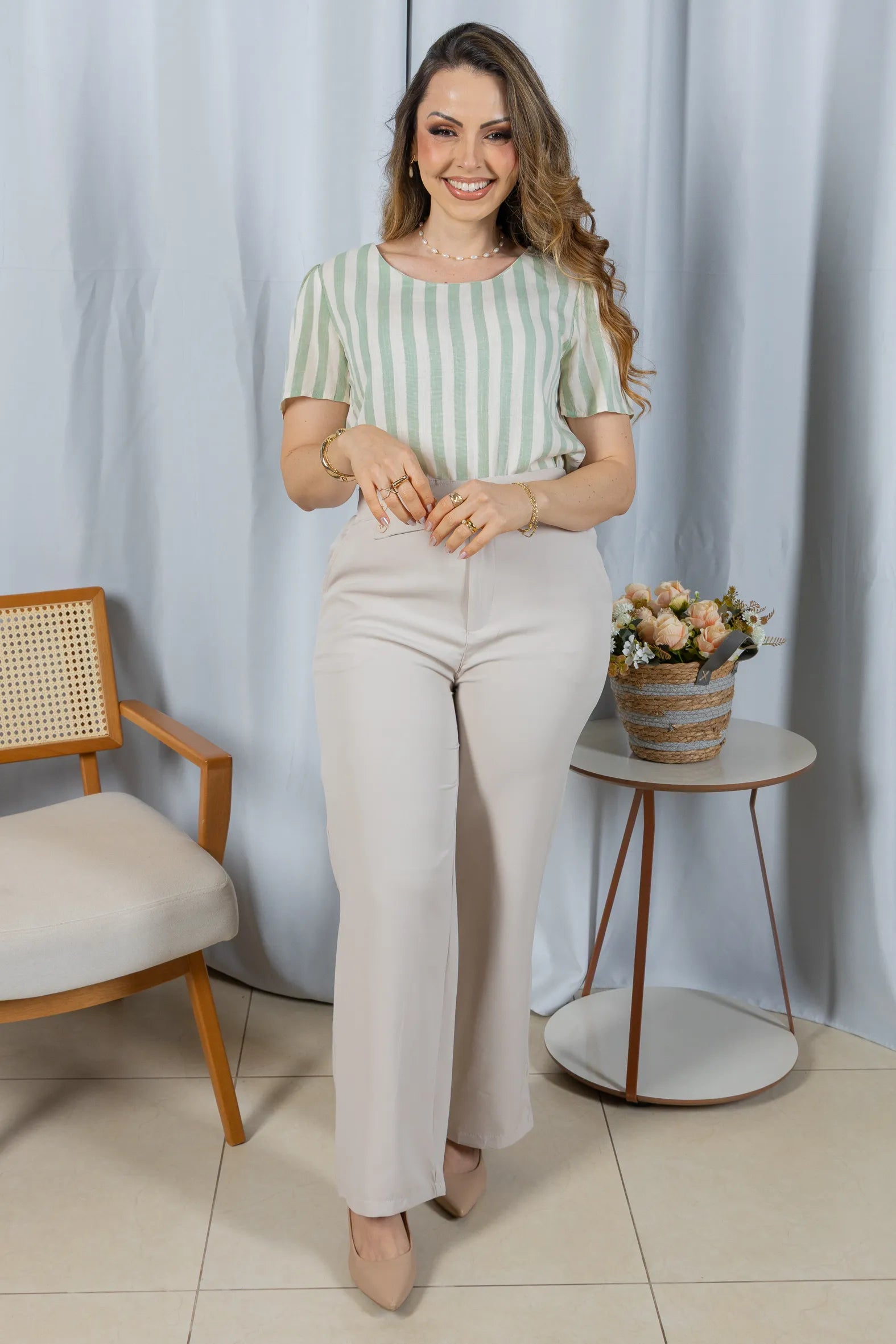 Blusa Manga Curta em Visco Rustic com Estampa Listrada Sofia Verde