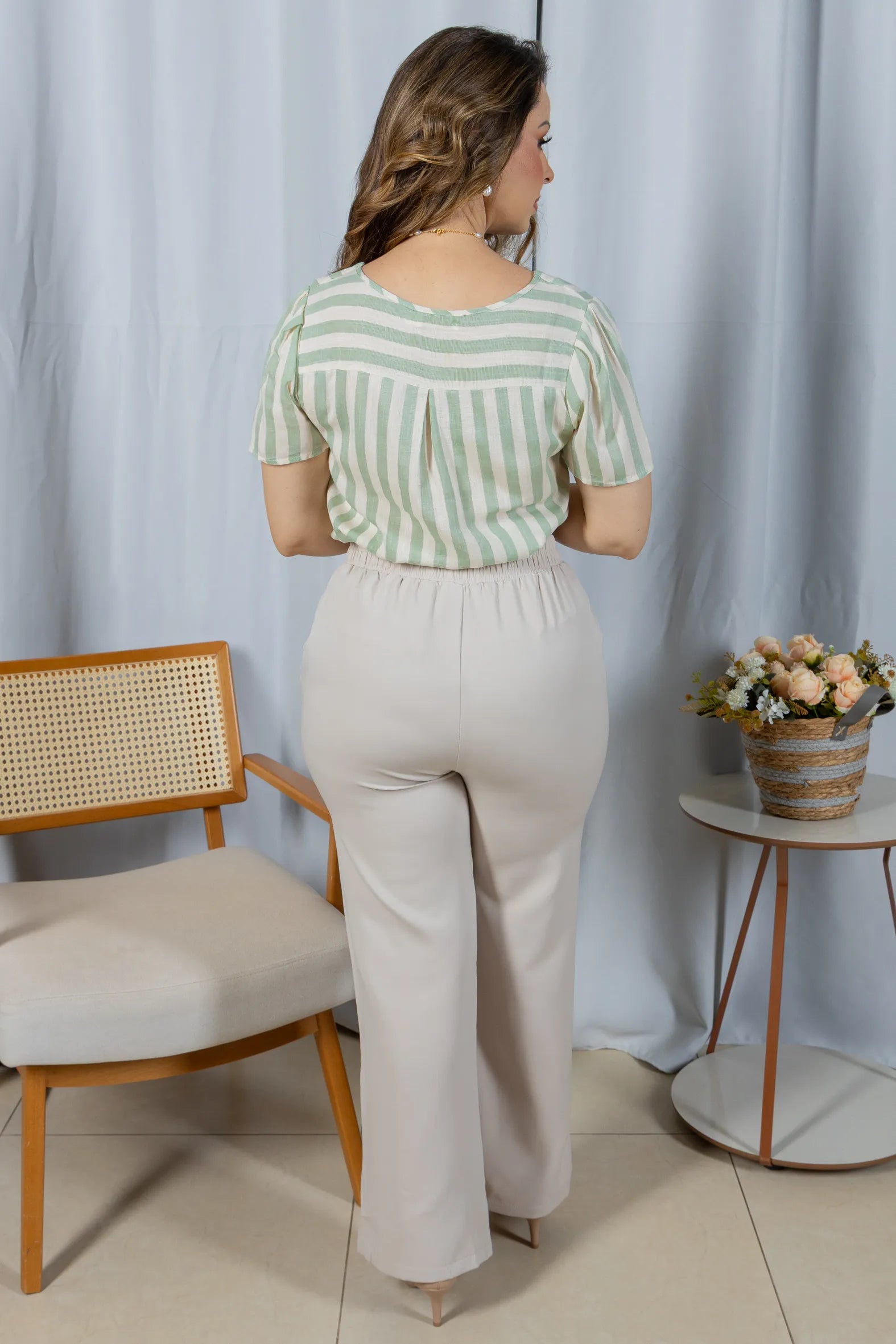 Blusa Manga Curta em Visco Rustic com Estampa Listrada Sofia Verde