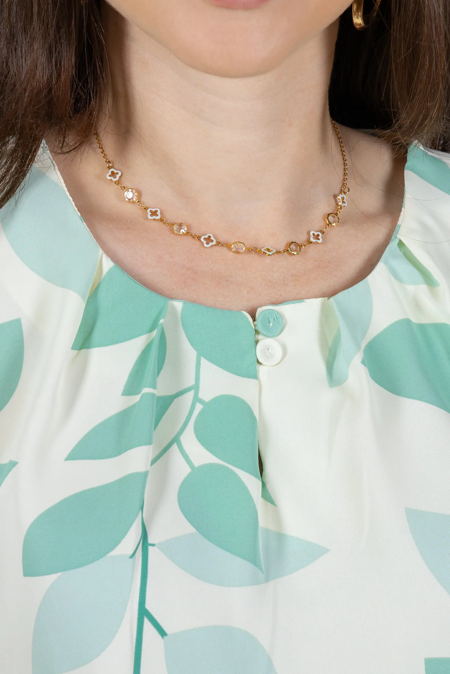 Blusa Manga Curta Estampada Folhagem Crepe Classic Joelma Verde