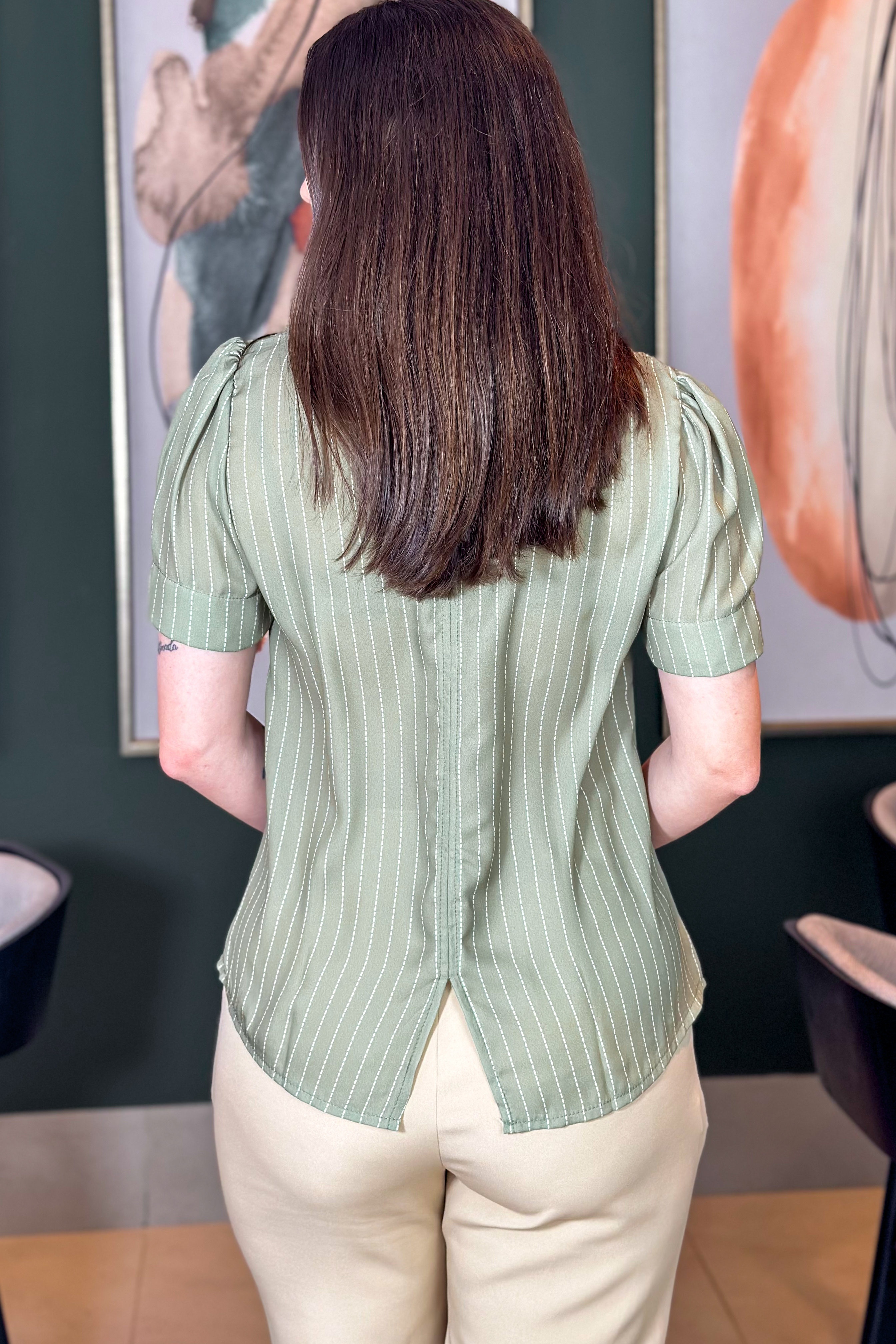 Blusa Manga Curta Risca de Giz Maira Verde