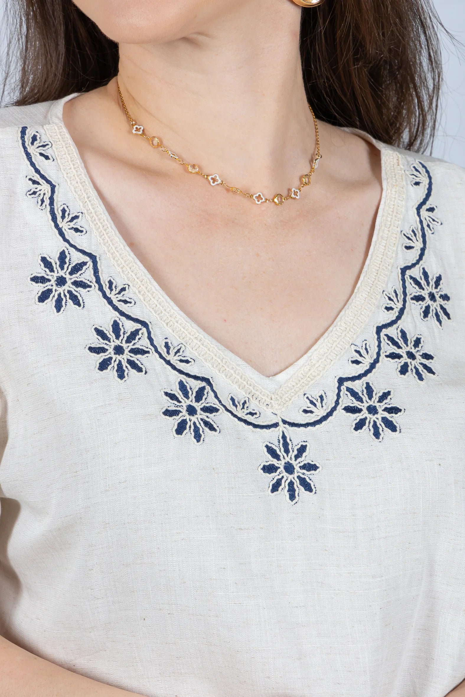 Blusa Manga Curta Detalhe Bordado Visco Linho Lúcia Branca