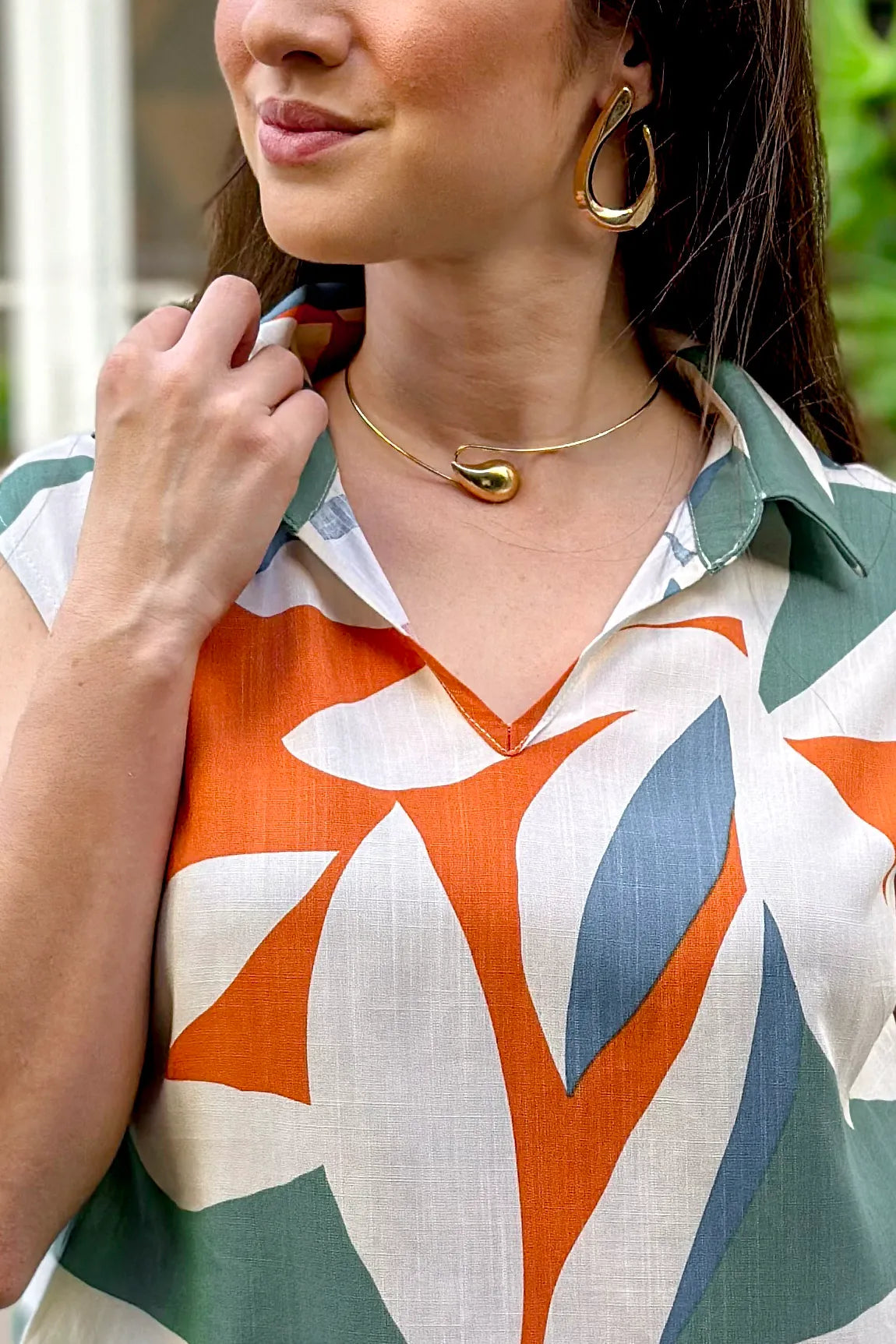 Blusa Regata Viscose Detalhe Gola Anne Estampada Laranja