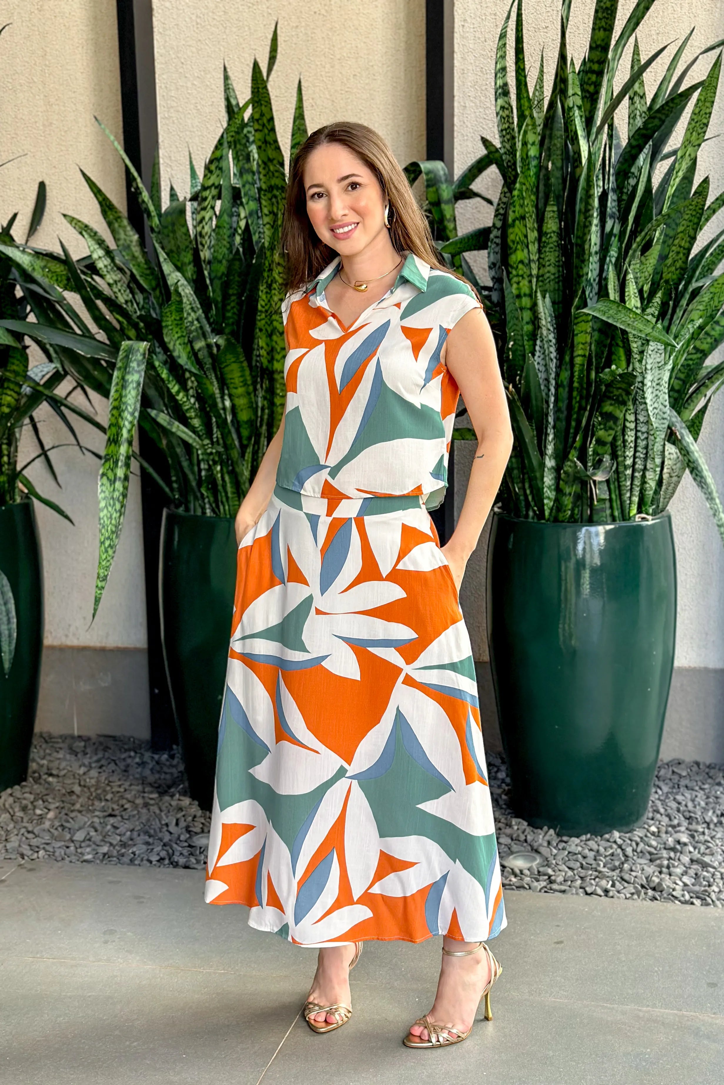 Saia Midi Viscose Detalhe Bolso Isabela Estampada Laranja