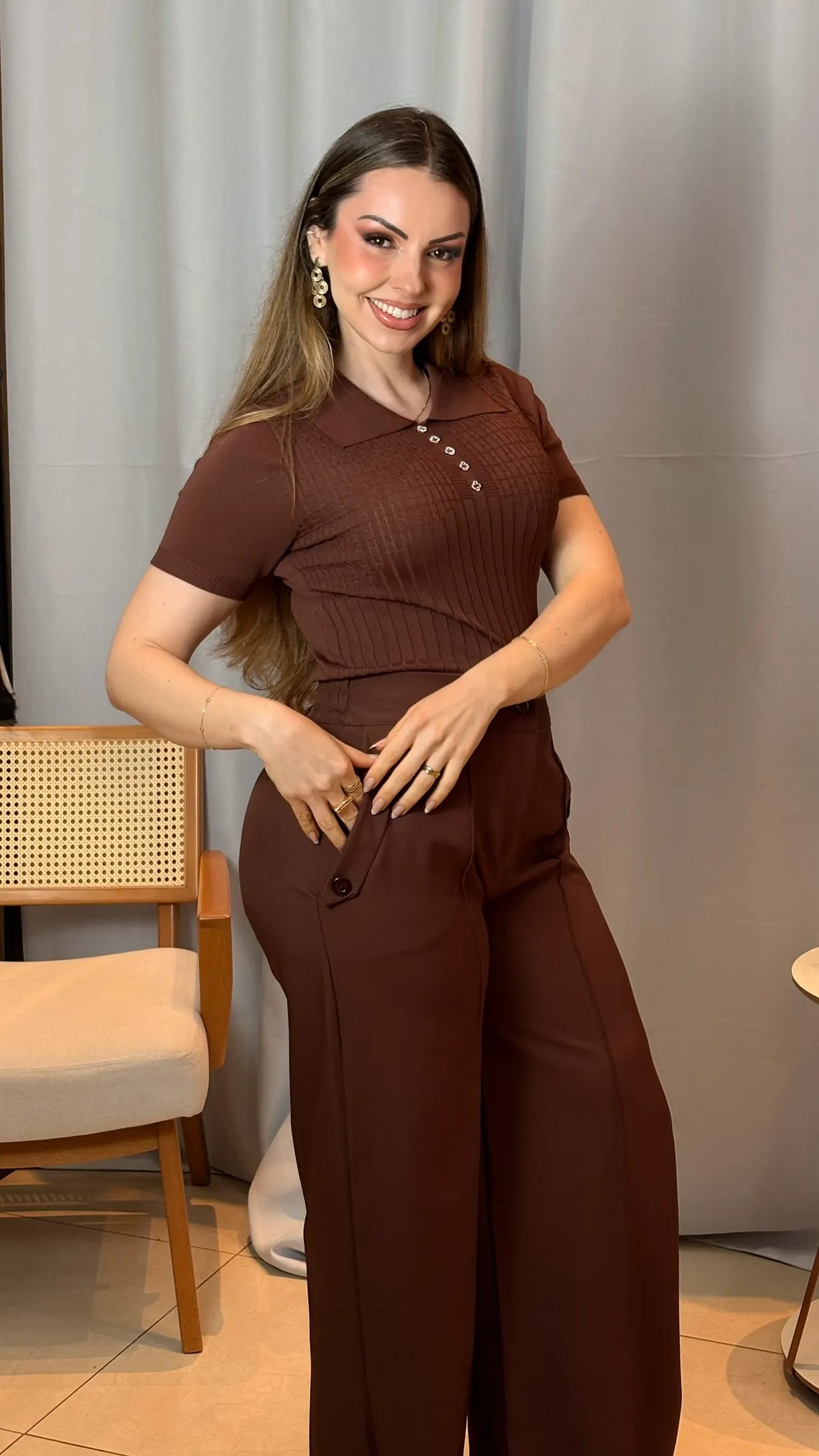 Conjunto: Blusa Tamires Marrom + Calça Simone Marrom