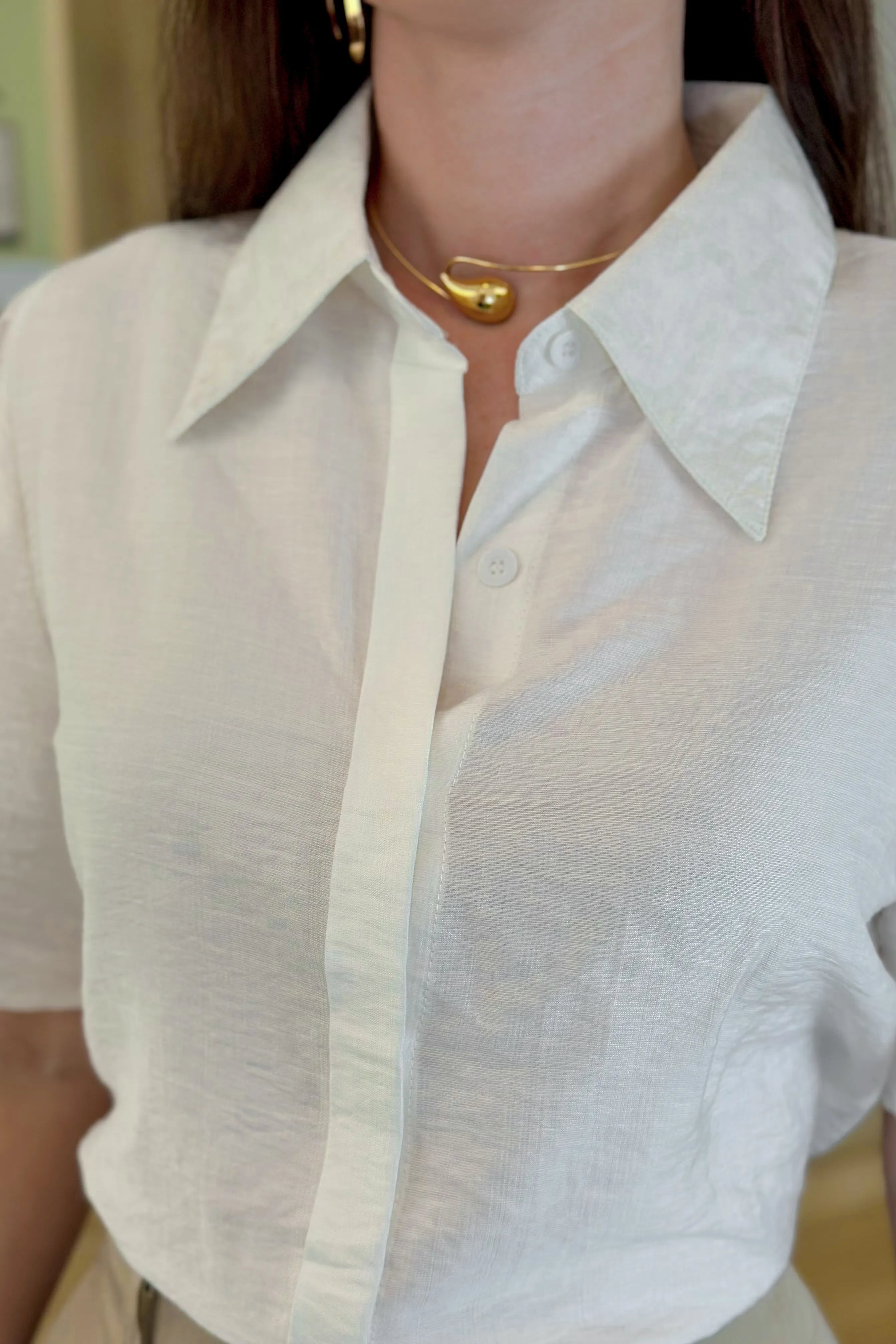 Camisa Manga Curta Visco Acetinado Silvia Branca