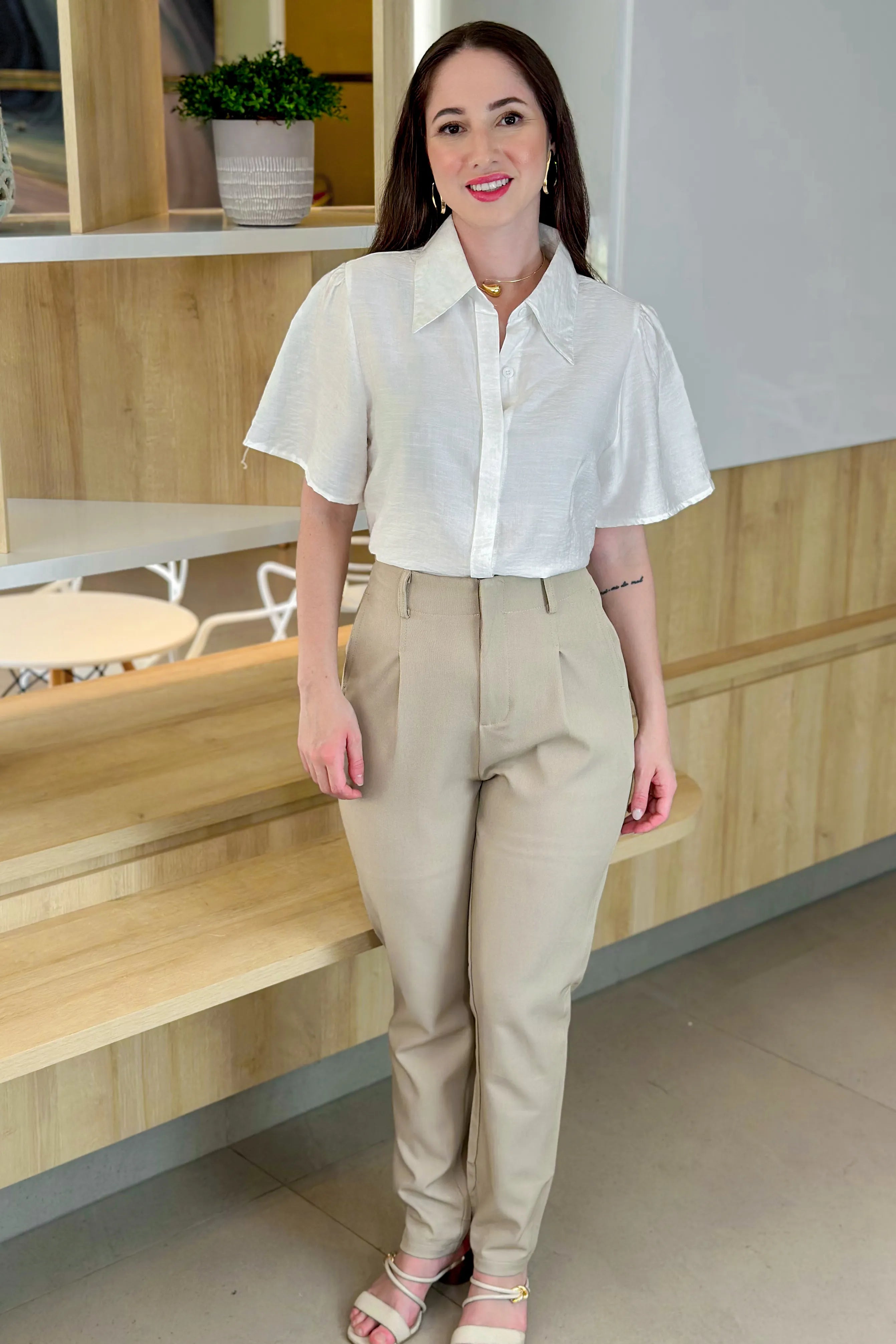 Camisa Manga Curta Visco Acetinado Silvia Branca