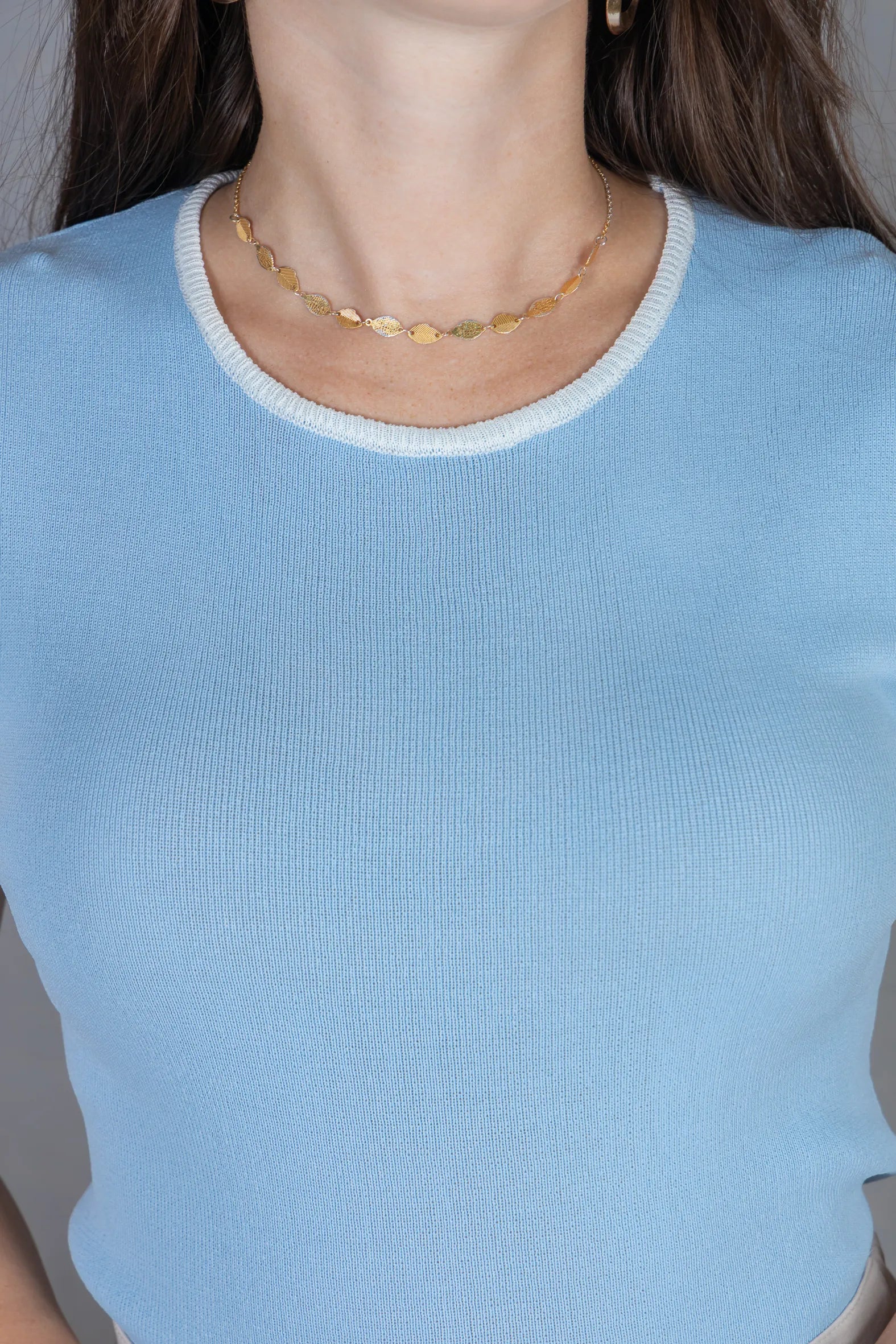 Blusa Manga Curta em Modal com Acabamento Contrastante Madeleine Azul