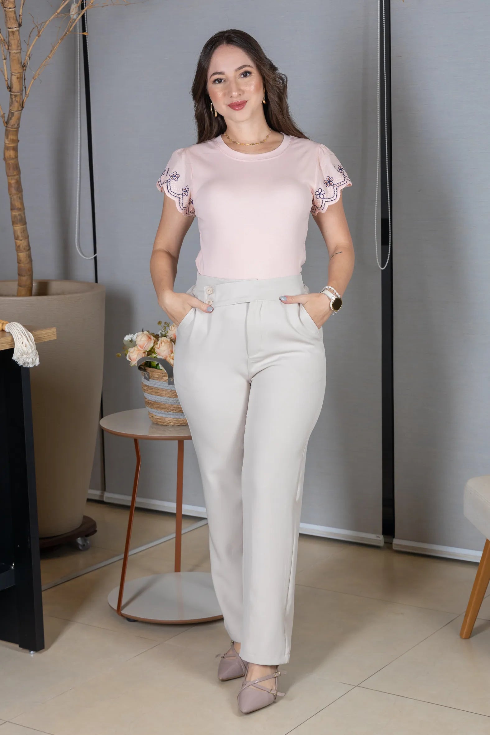 Blusa Manga Curta em Cotton Lycra com Detalhe Rendado Elise Rosa