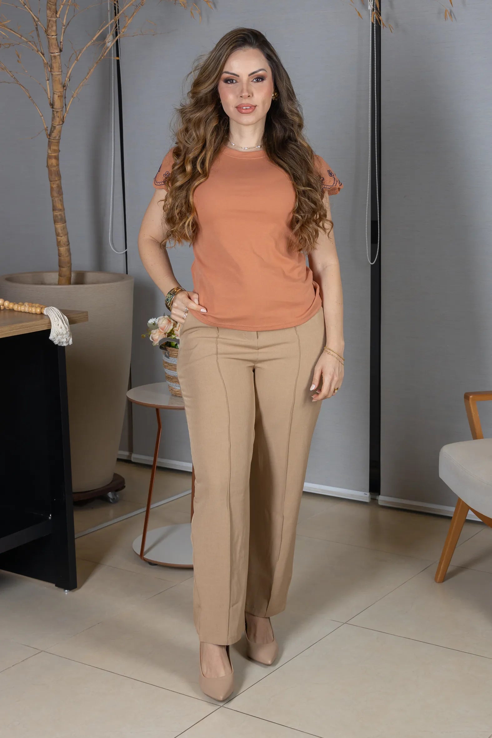 Blusa Manga Curta em Cotton Lycra com Detalhe Rendado Elise Rosê