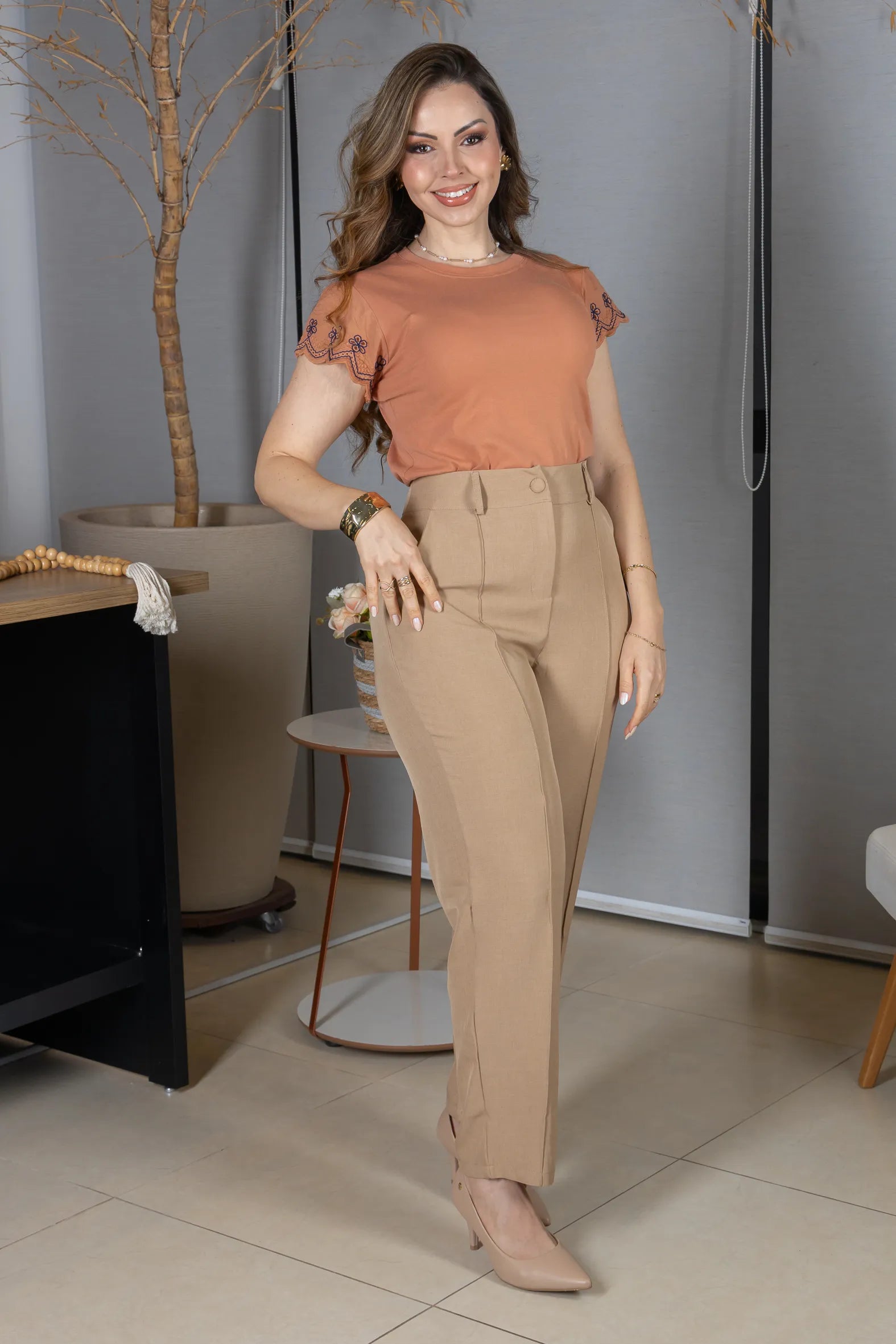 Blusa Manga Curta em Cotton Lycra com Detalhe Rendado Elise Rosê