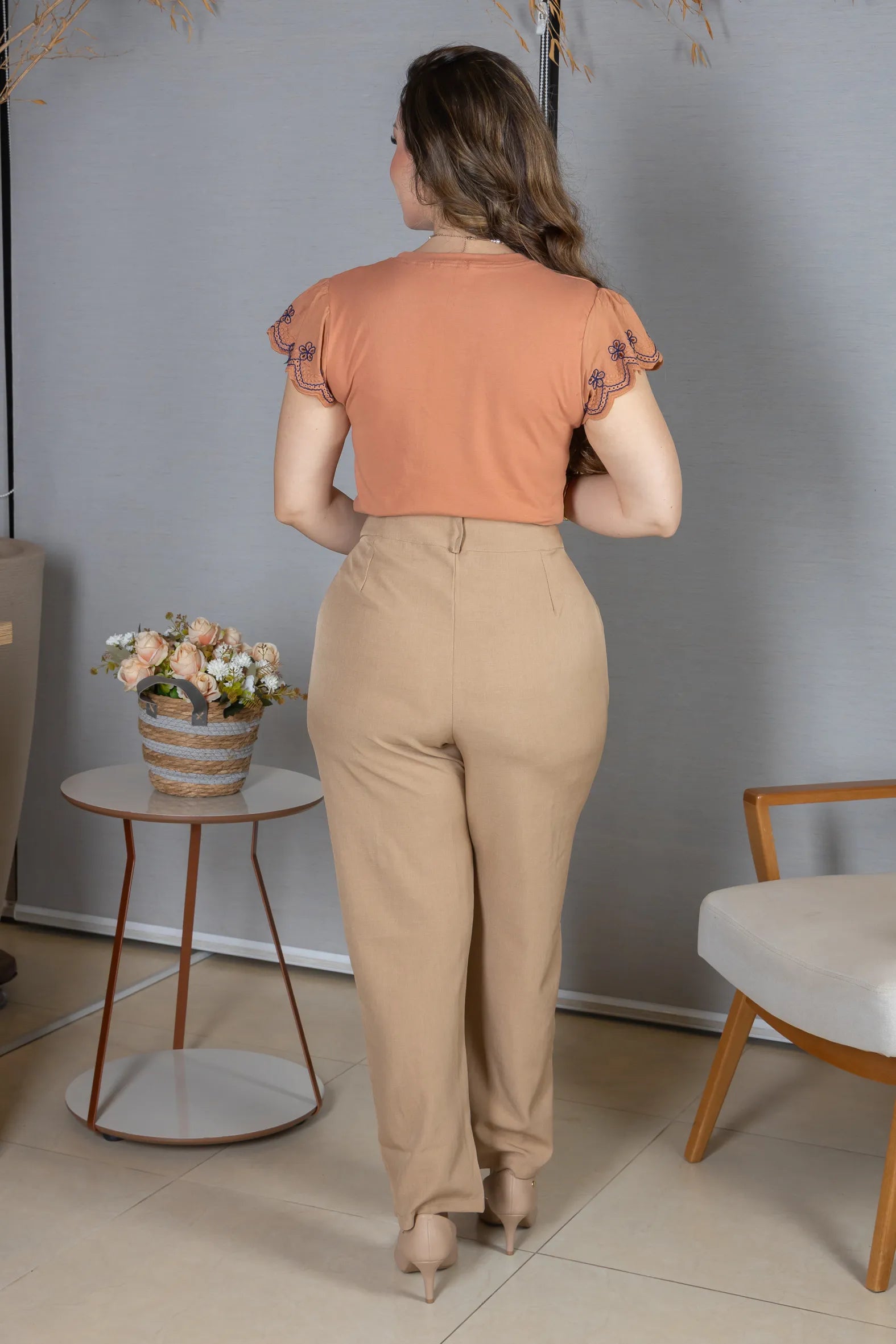 Blusa Manga Curta em Cotton Lycra com Detalhe Rendado Elise Rosê