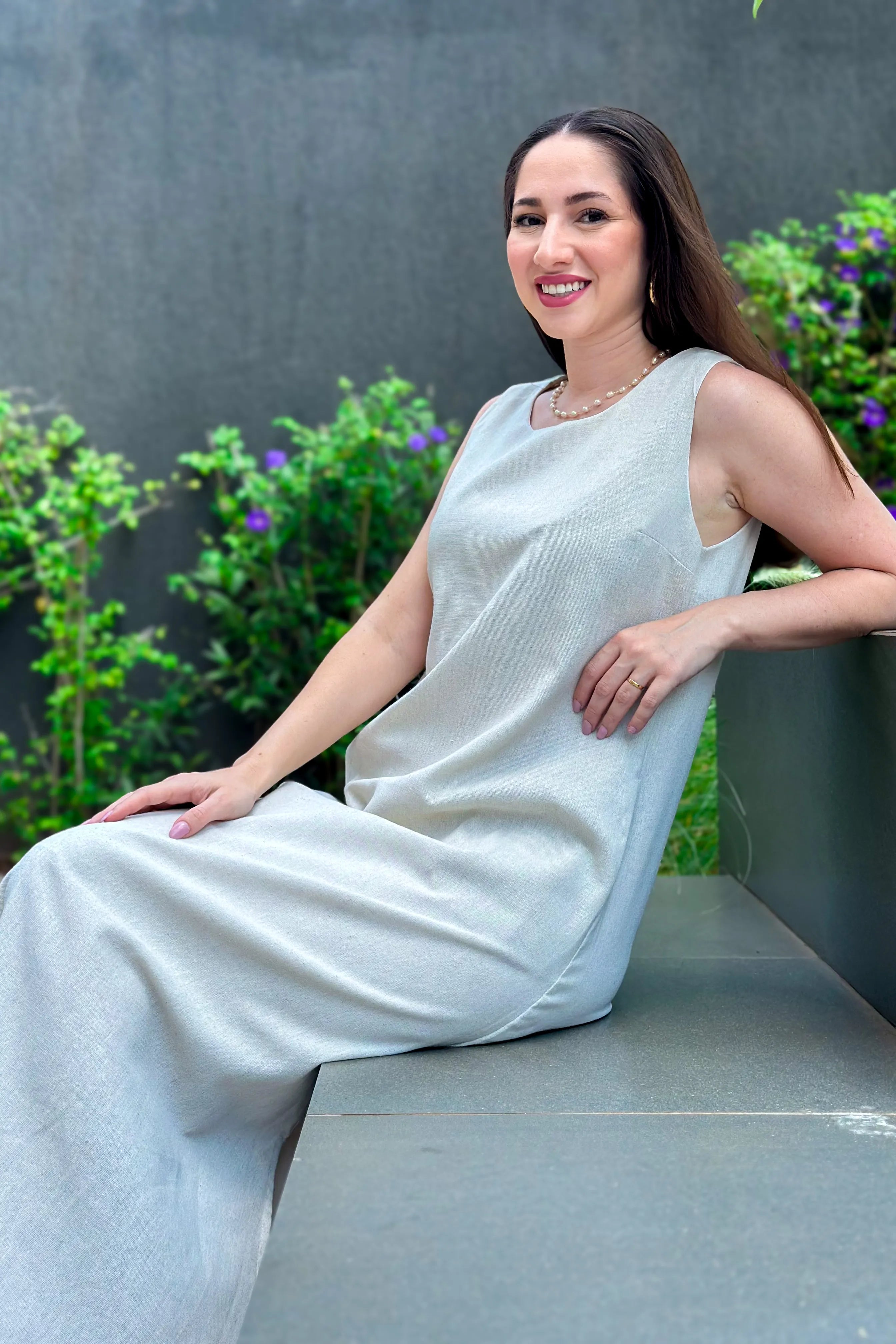 Vestido Midi Detalhe Bolso Elisa Bege