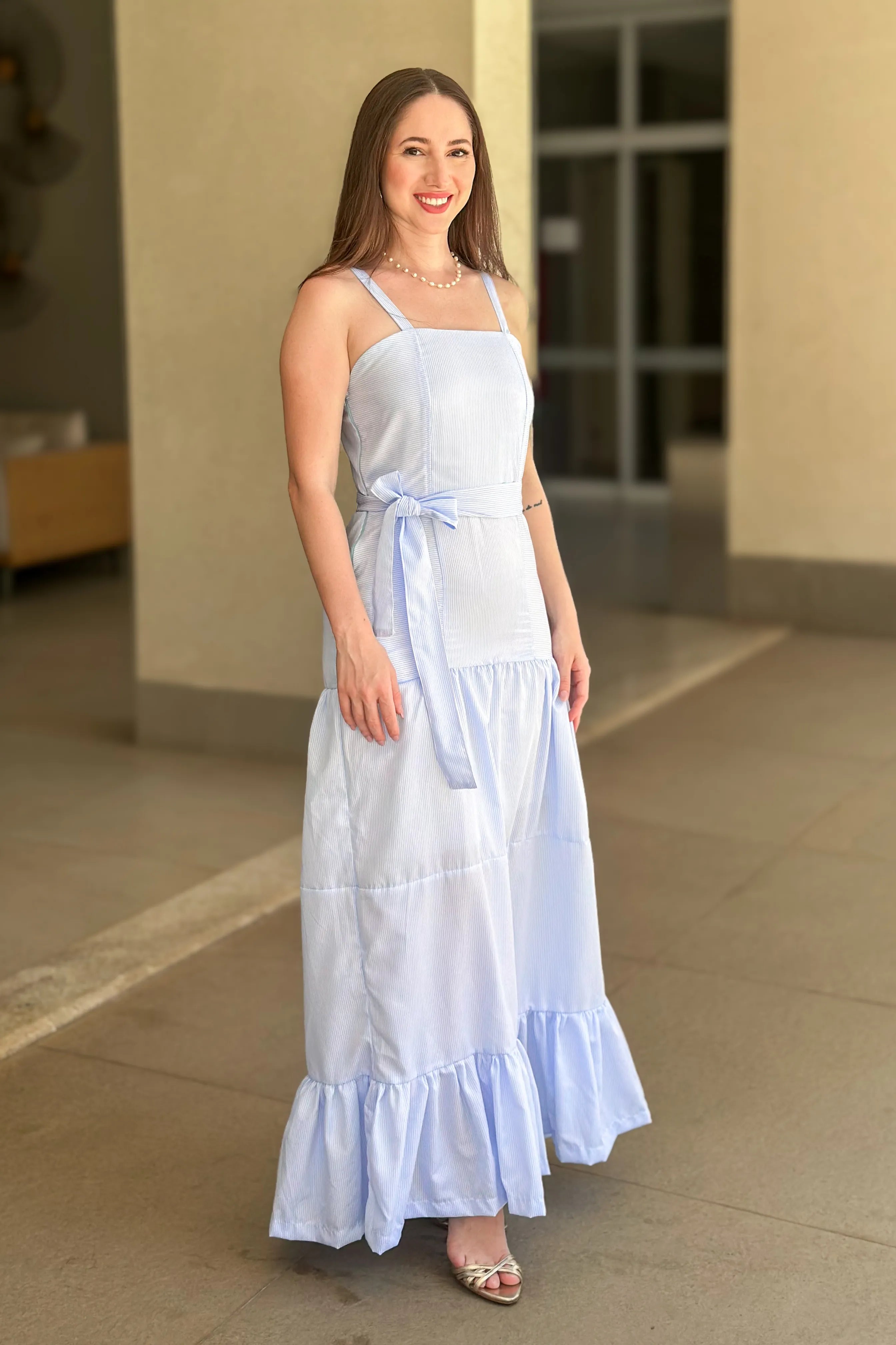 Vestido Longo Listrado Monica Azul Claro