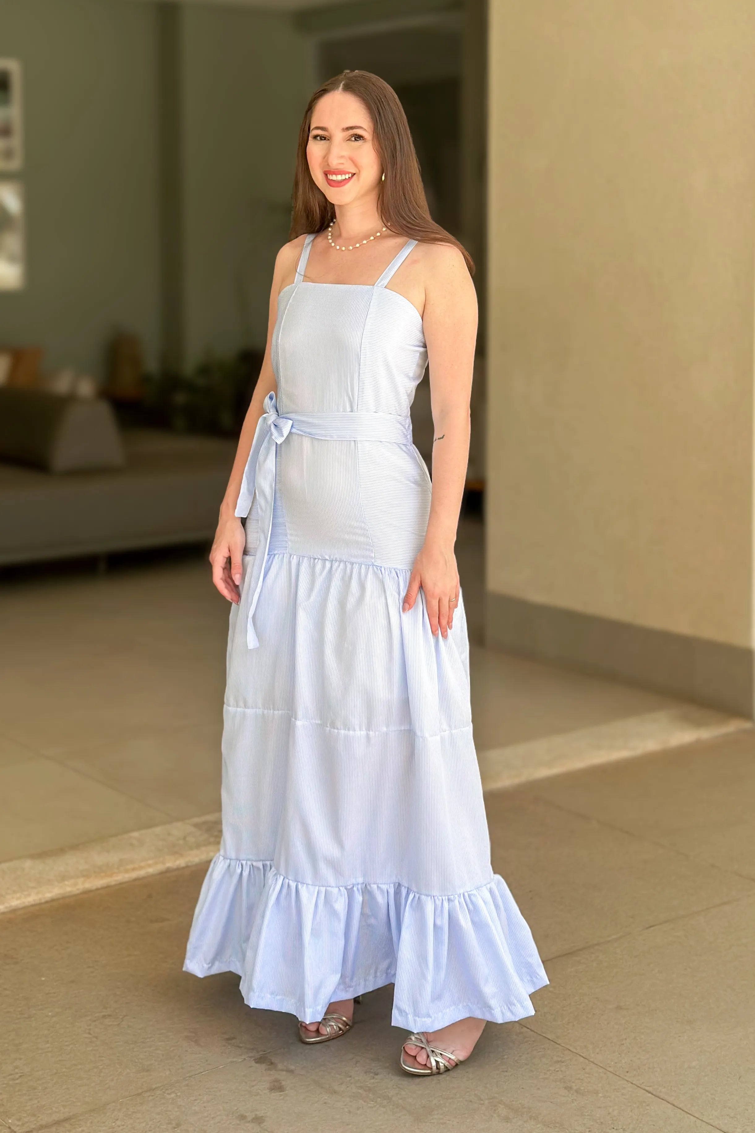Vestido Longo Listrado Monica Azul Claro