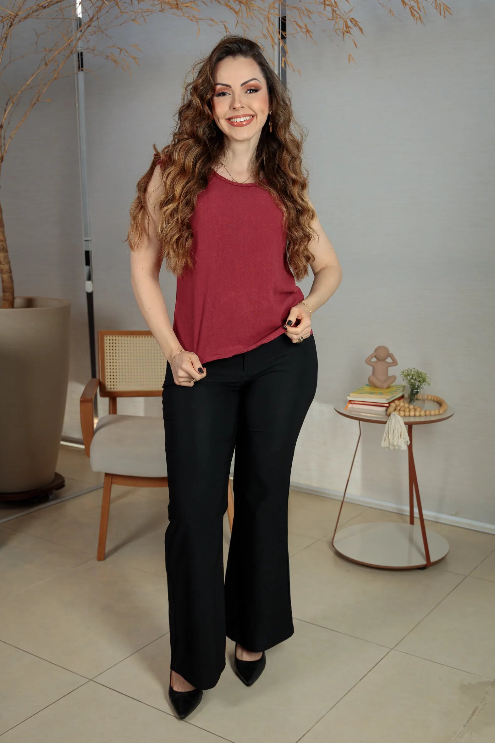 Blusa Detalhe Gola Trançada Em Visco-linho Laura Marsala