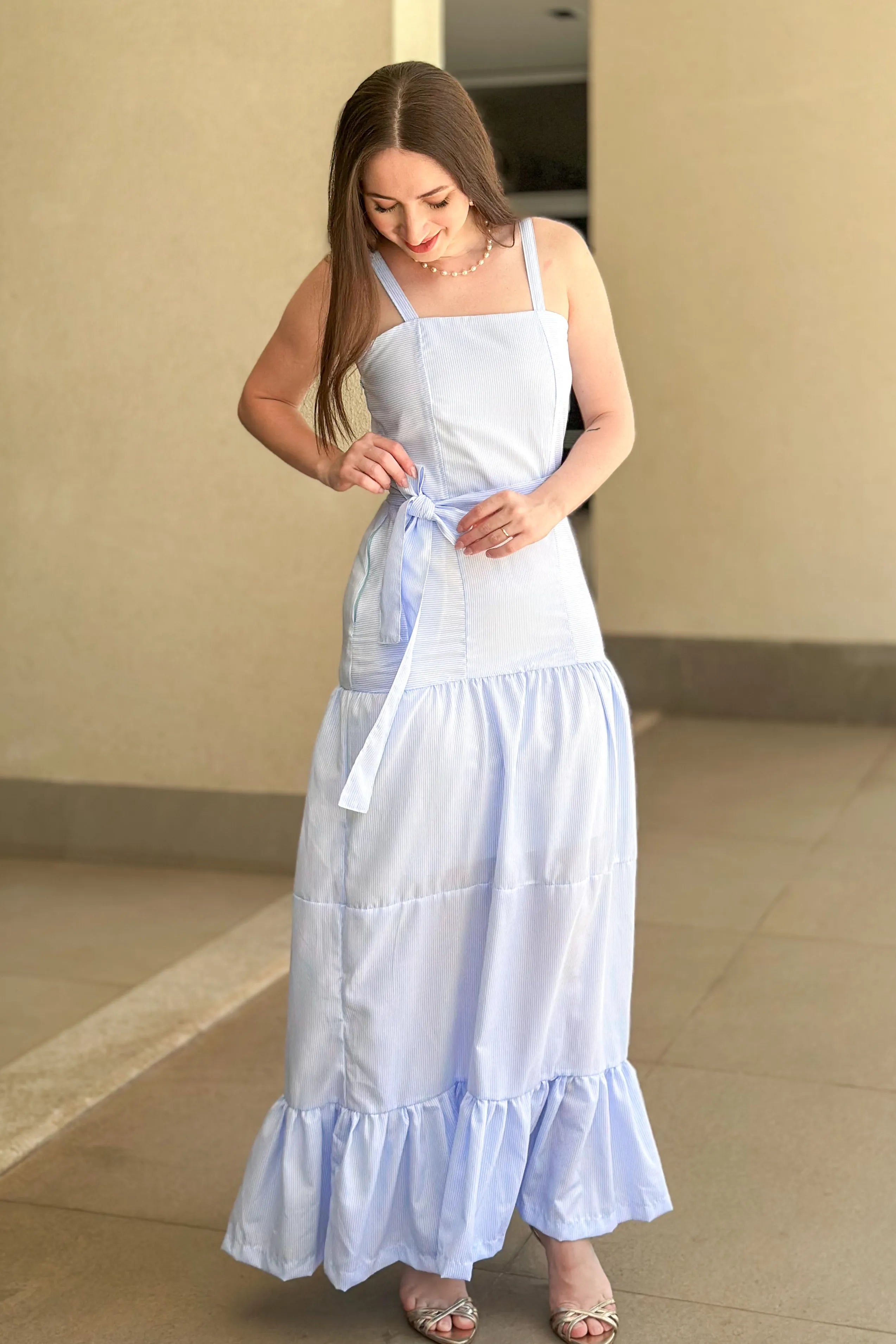 Vestido Longo Listrado Monica Azul Claro