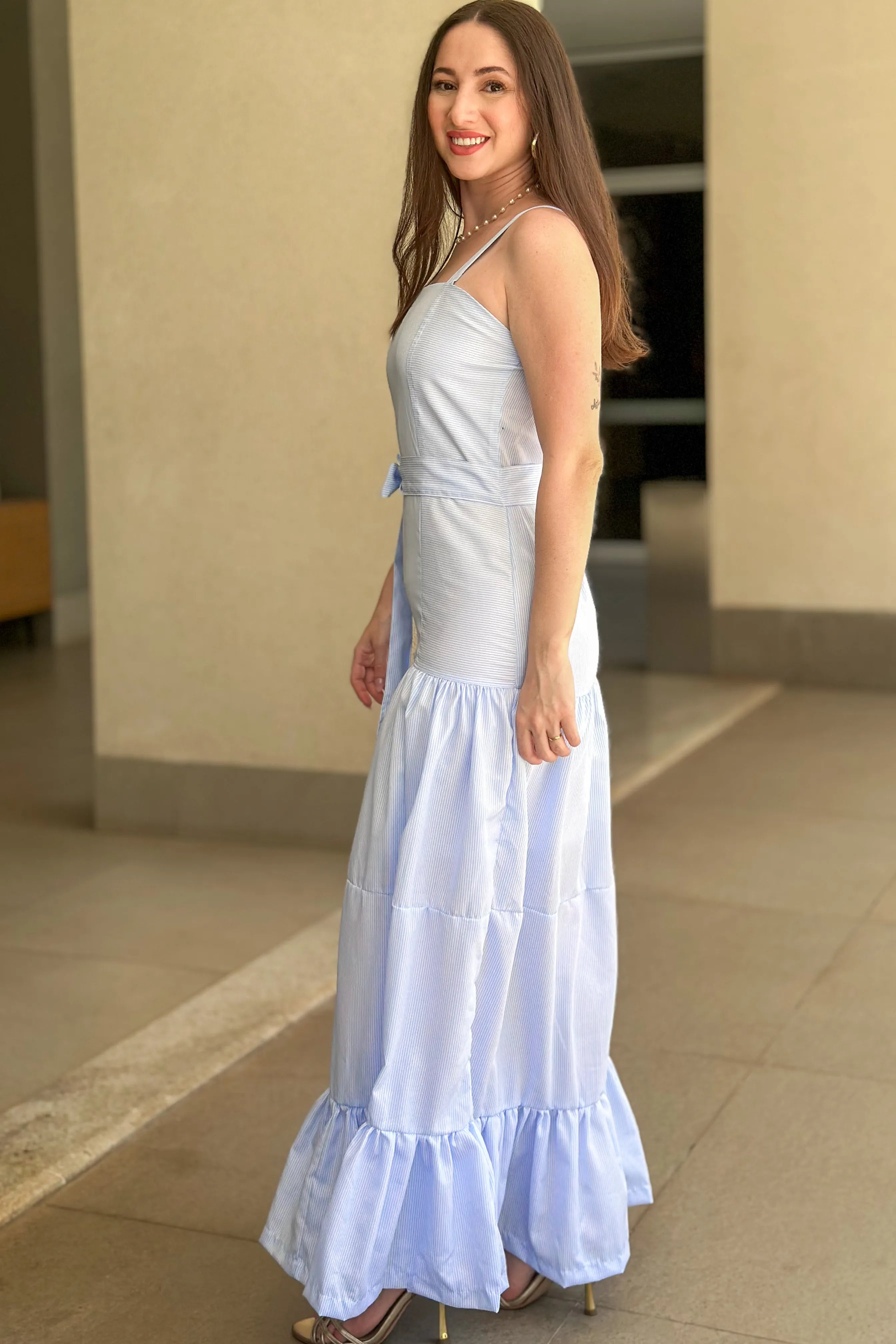 Vestido Longo Listrado Monica Azul Claro