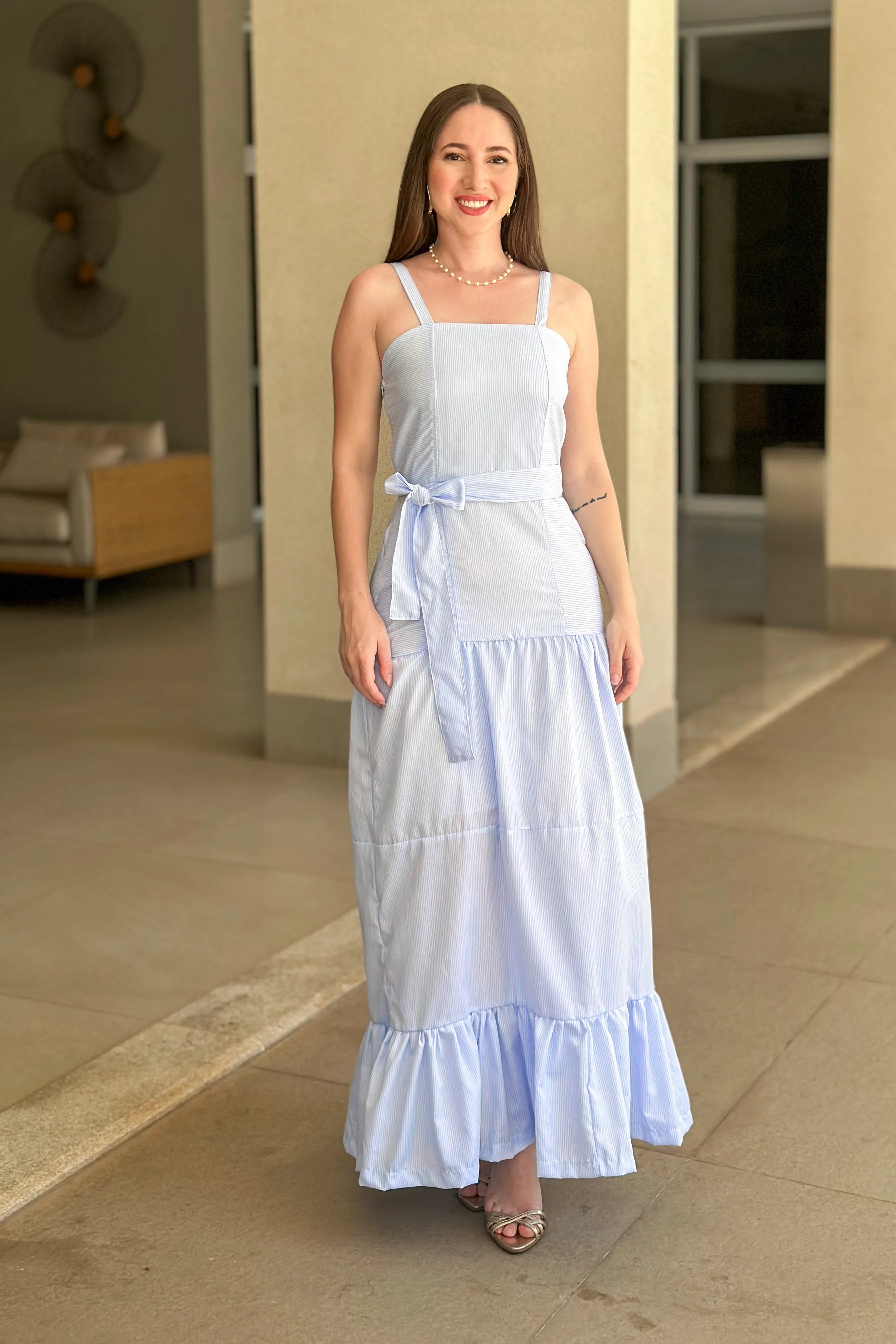 Vestido Longo Listrado Monica Azul Claro
