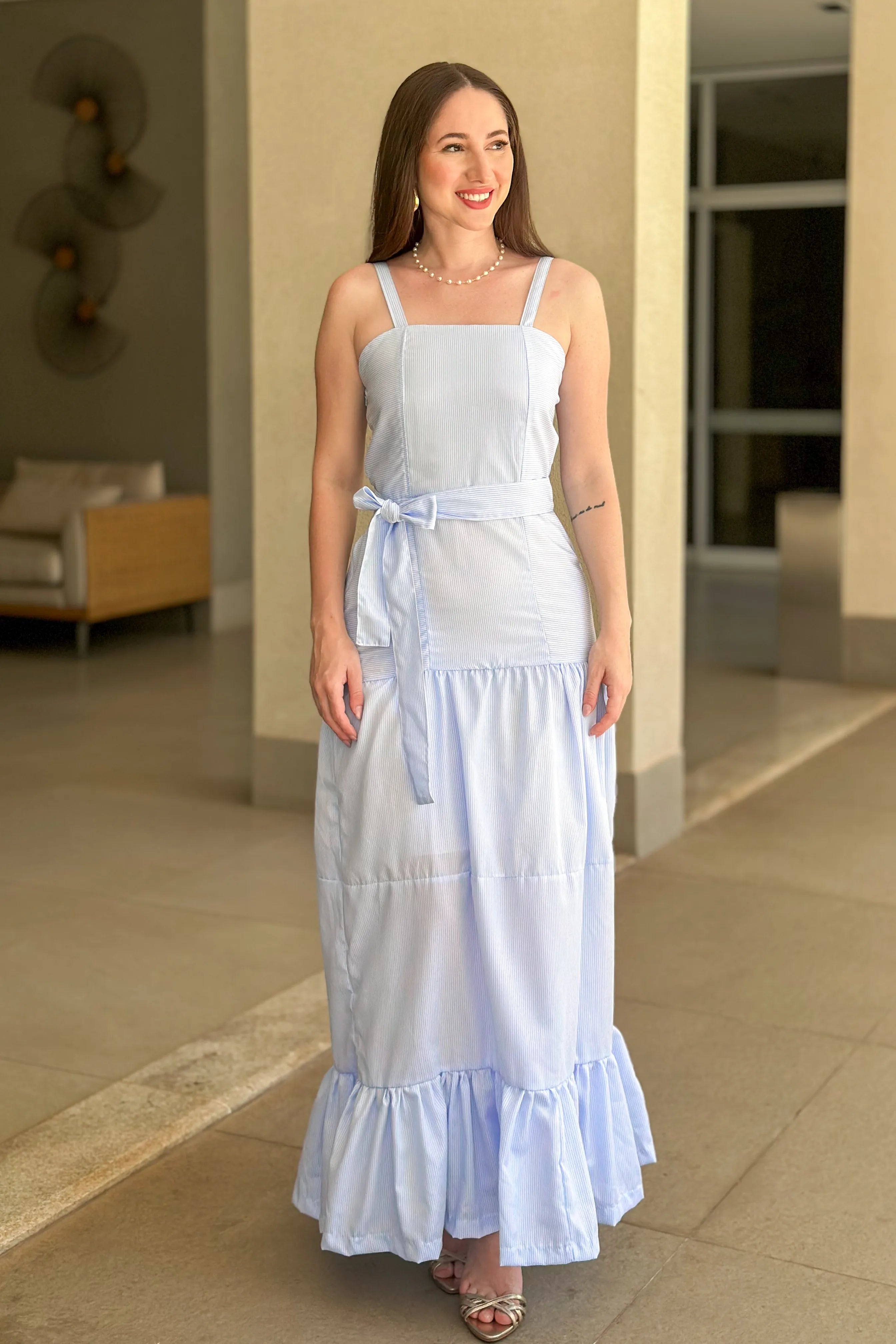 Vestido Longo Listrado Monica Azul Claro
