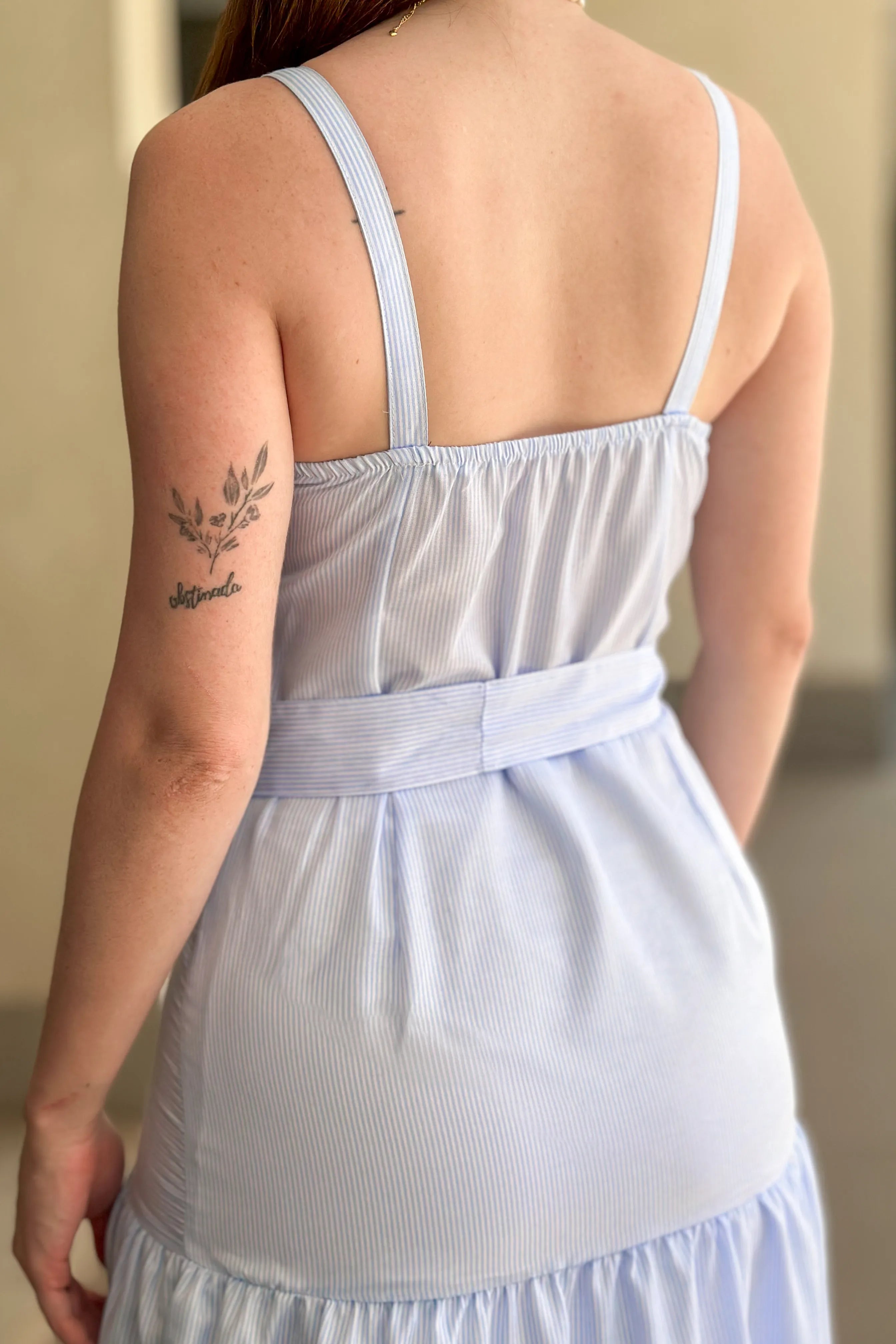 Vestido Longo Listrado Monica Azul Claro