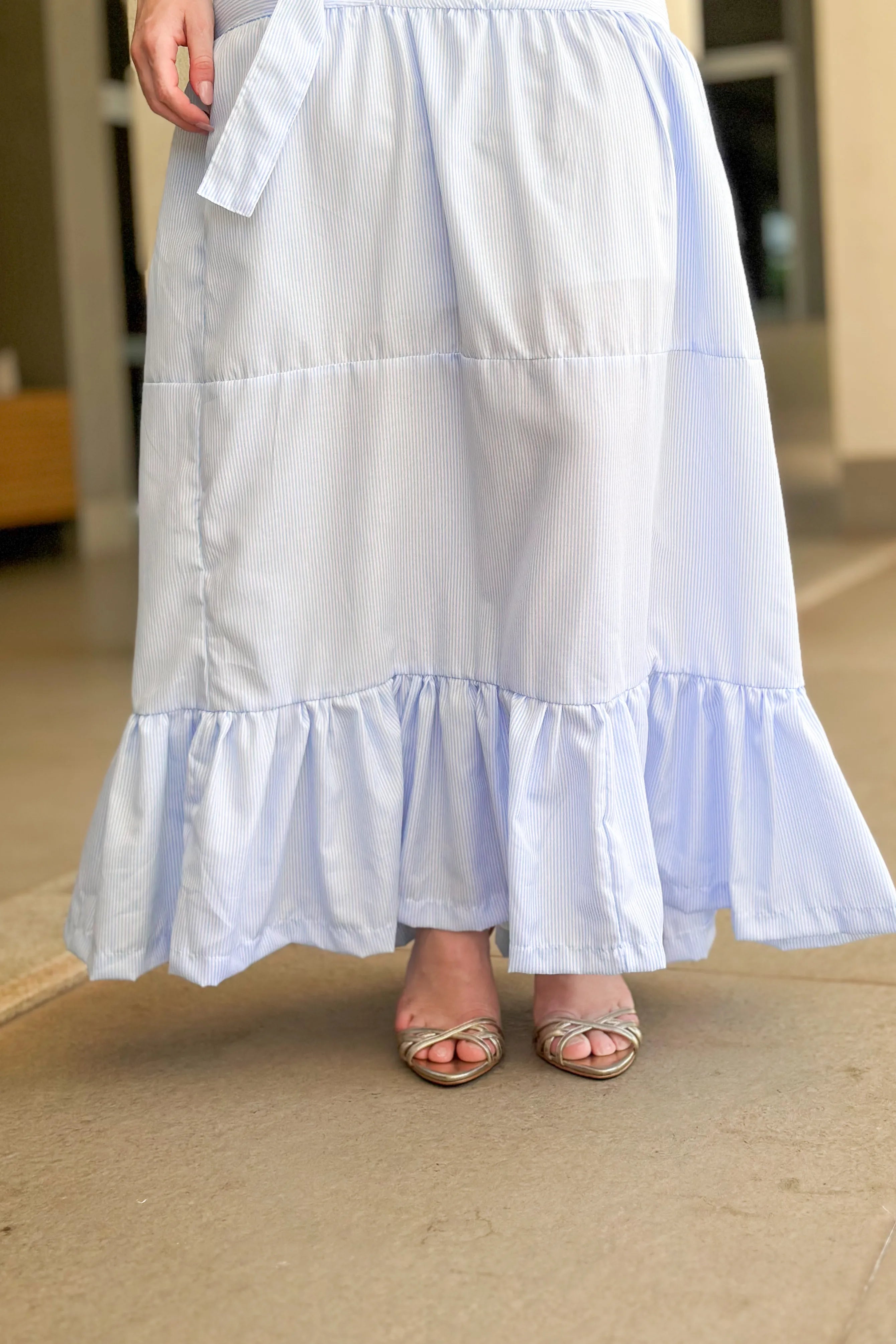 Vestido Longo Listrado Monica Azul Claro