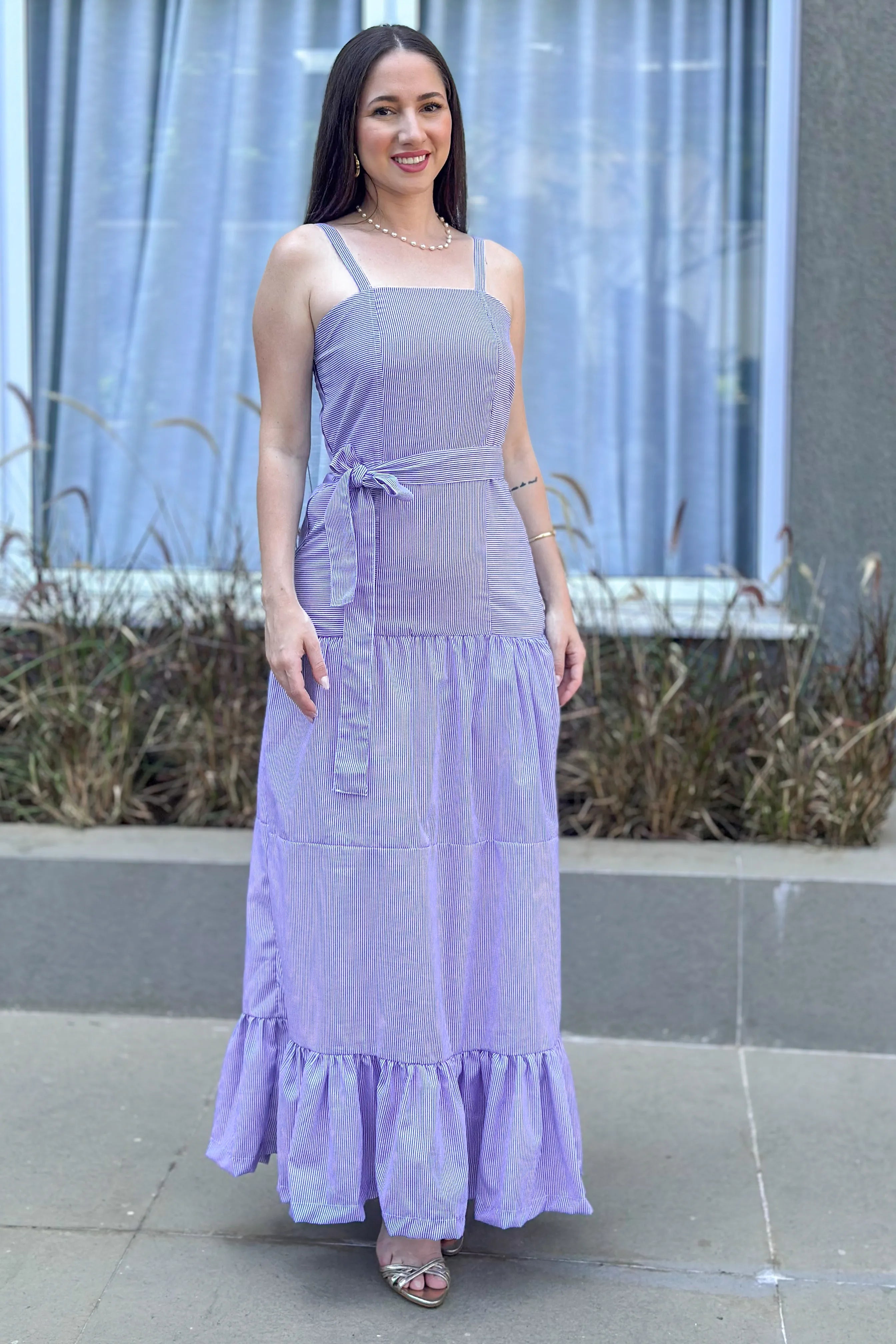 Vestido Longo Listrado Monica Azul Marinho