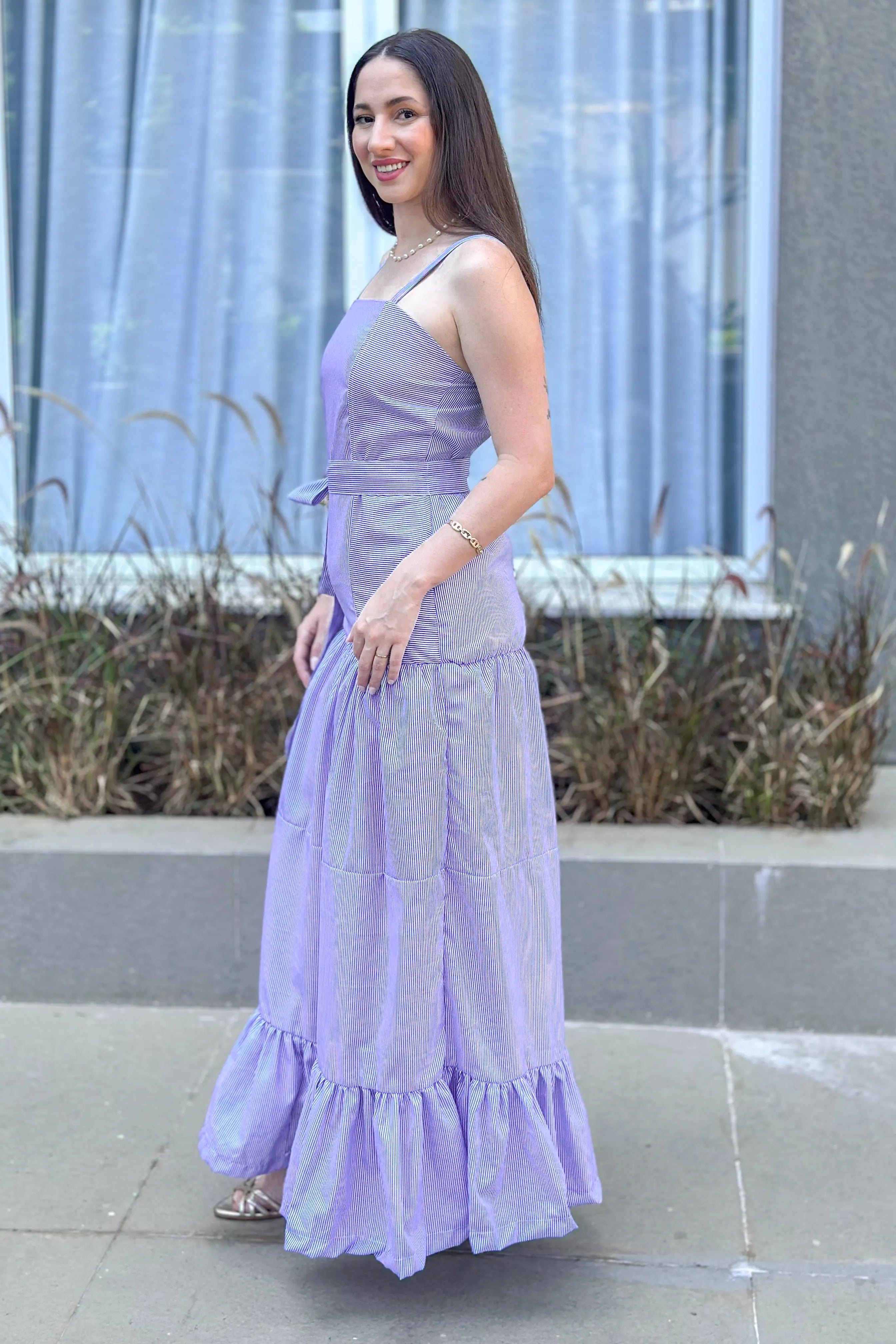 Vestido Longo Listrado Monica Azul Marinho