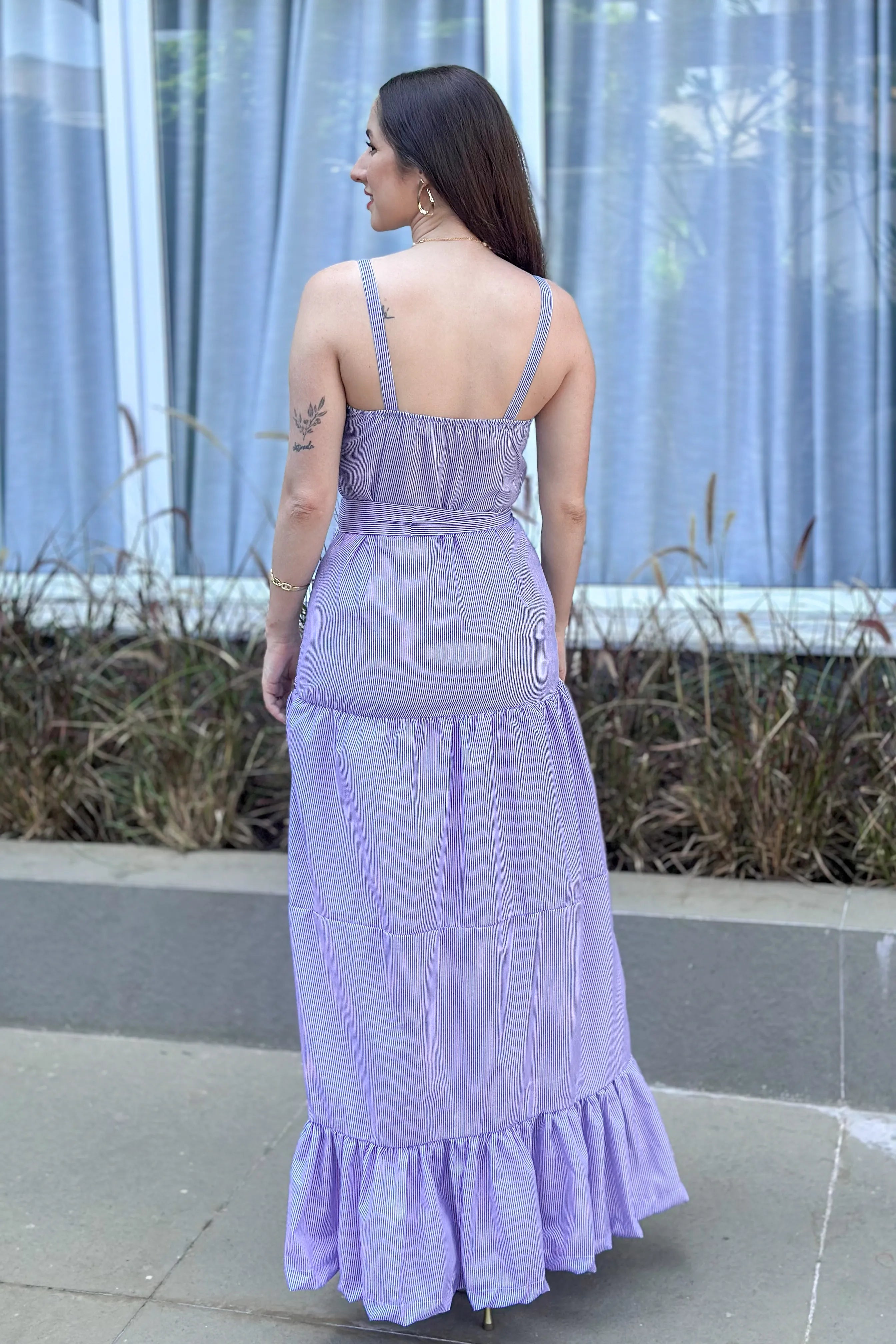 Vestido Longo Listrado Monica Azul Marinho